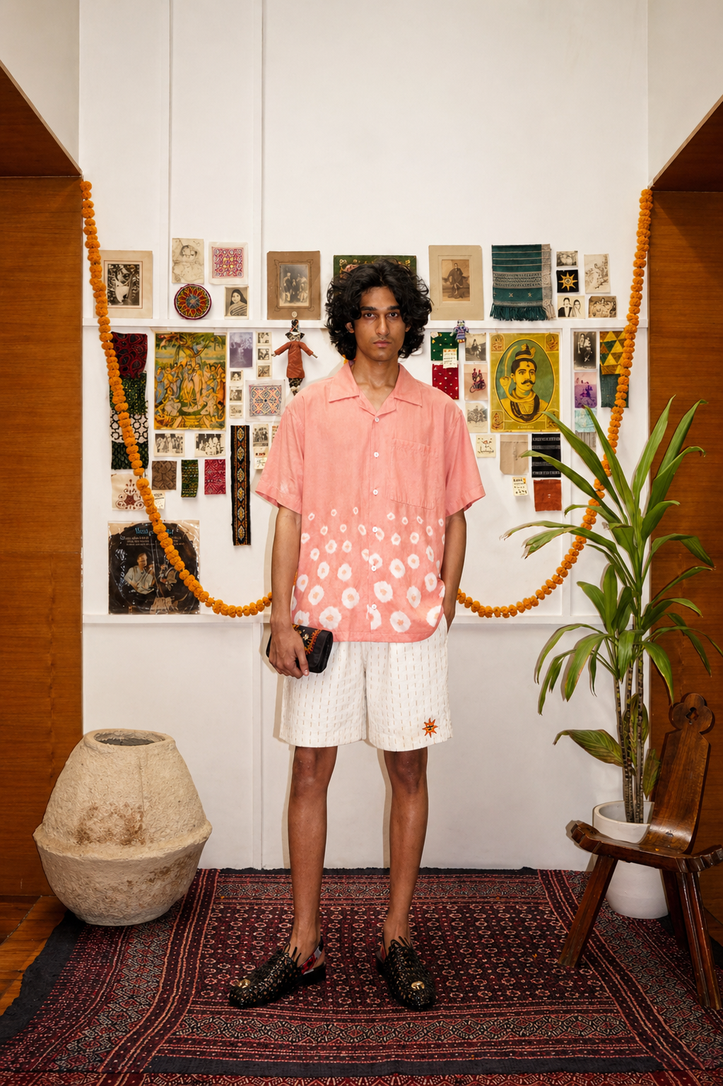 Model wearing Coral Bandhani tie-dye natural dyed cotton camp shirt – Indian handloom artisan menswear by Hindostan Archive
