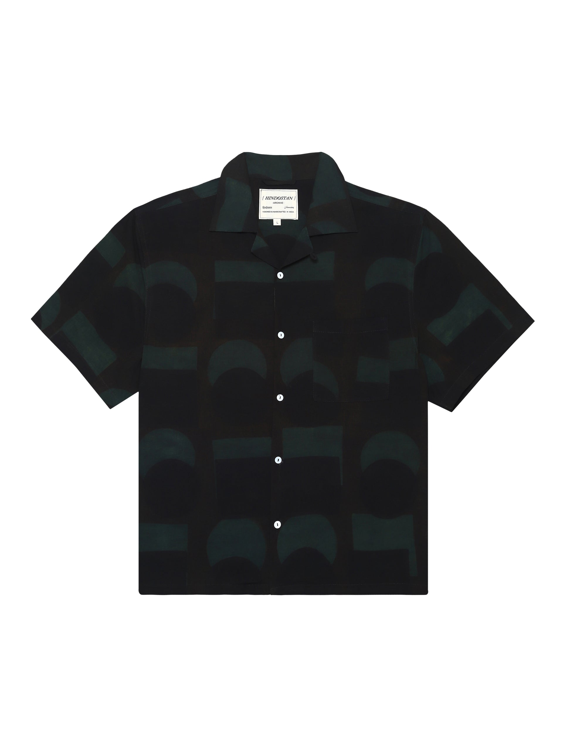 Crescent Ajrakh shirt front view – Ajrakh clothing hand block printed shirt with crescent pattern natural dyed – artisan menswear Indian handloom clothing by Hindostan Archive