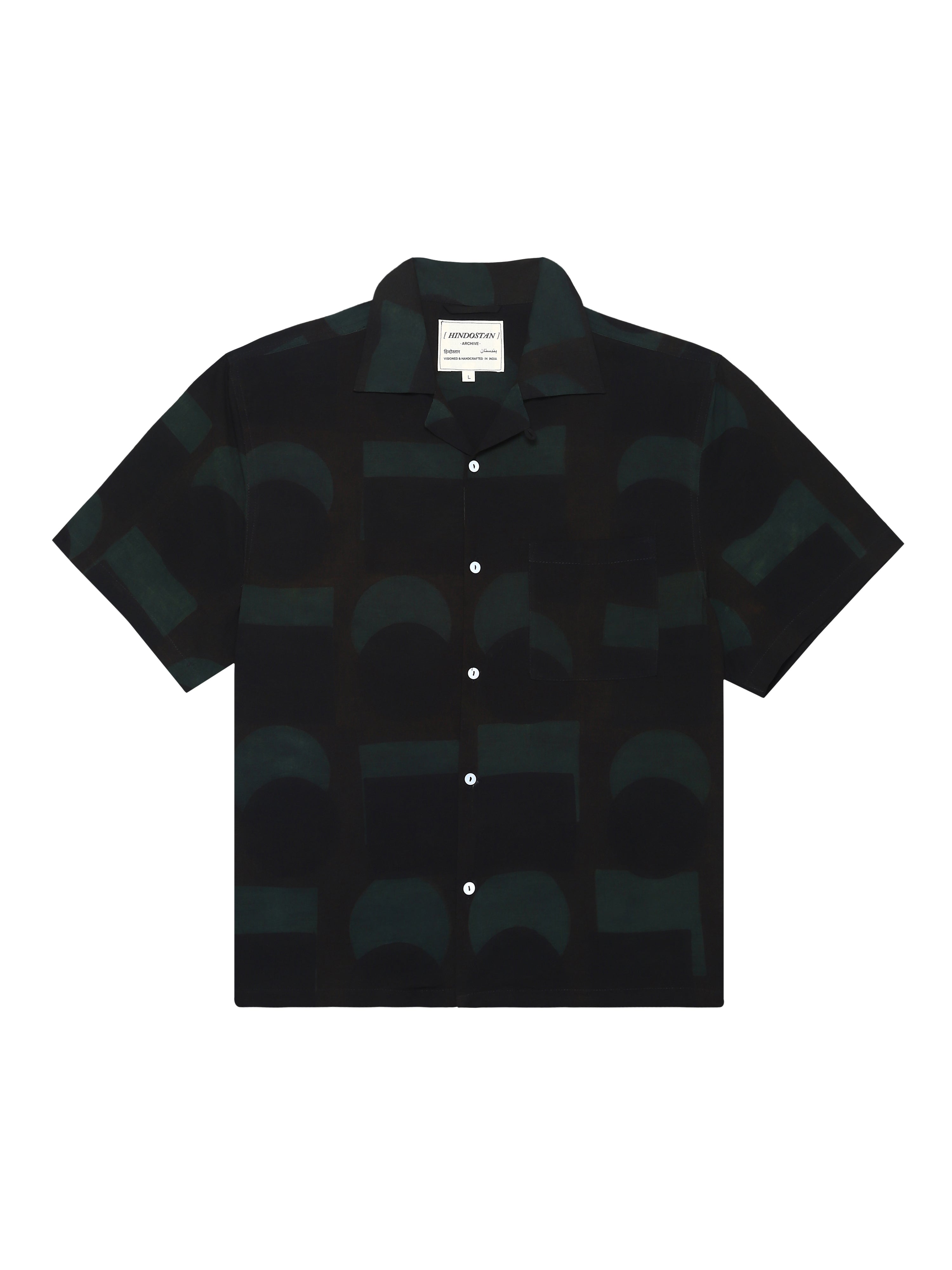 Crescent Ajrakh shirt front view – Ajrakh clothing hand block printed shirt with crescent pattern natural dyed – artisan menswear Indian handloom clothing by Hindostan Archive