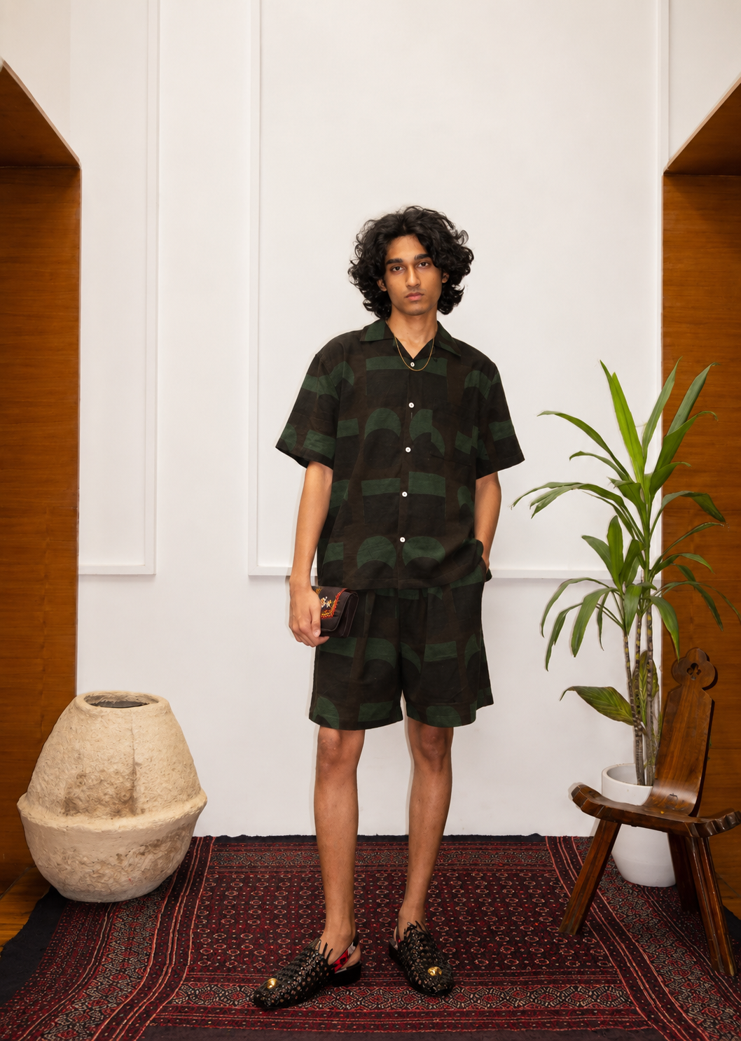 Model wearing Crescent Ajrakh shirt – Ajrakh clothing hand block printed shirt with crescent pattern natural dyed – artisan menswear Indian handloom by Hindostan Archive