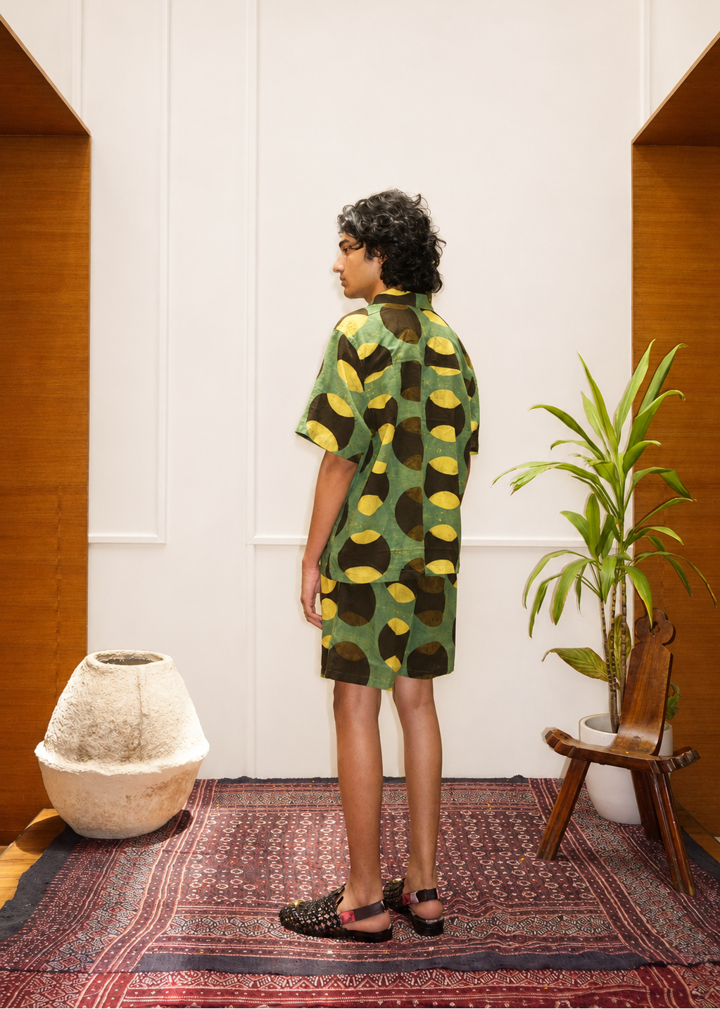 Cricket Ajrakh shorts back view lifestyle shot co-ord outfit – hand block printed natural dyed Ajrakh clothing by Hindostan Archive