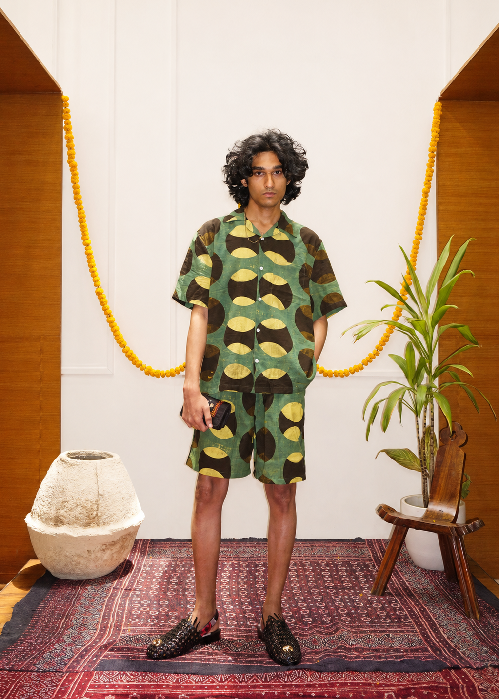 Cricket Ajrakh shorts co-ord lifestyle shot – hand block printed natural dyed Ajrakh clothing artisan menswear by Hindostan Archive