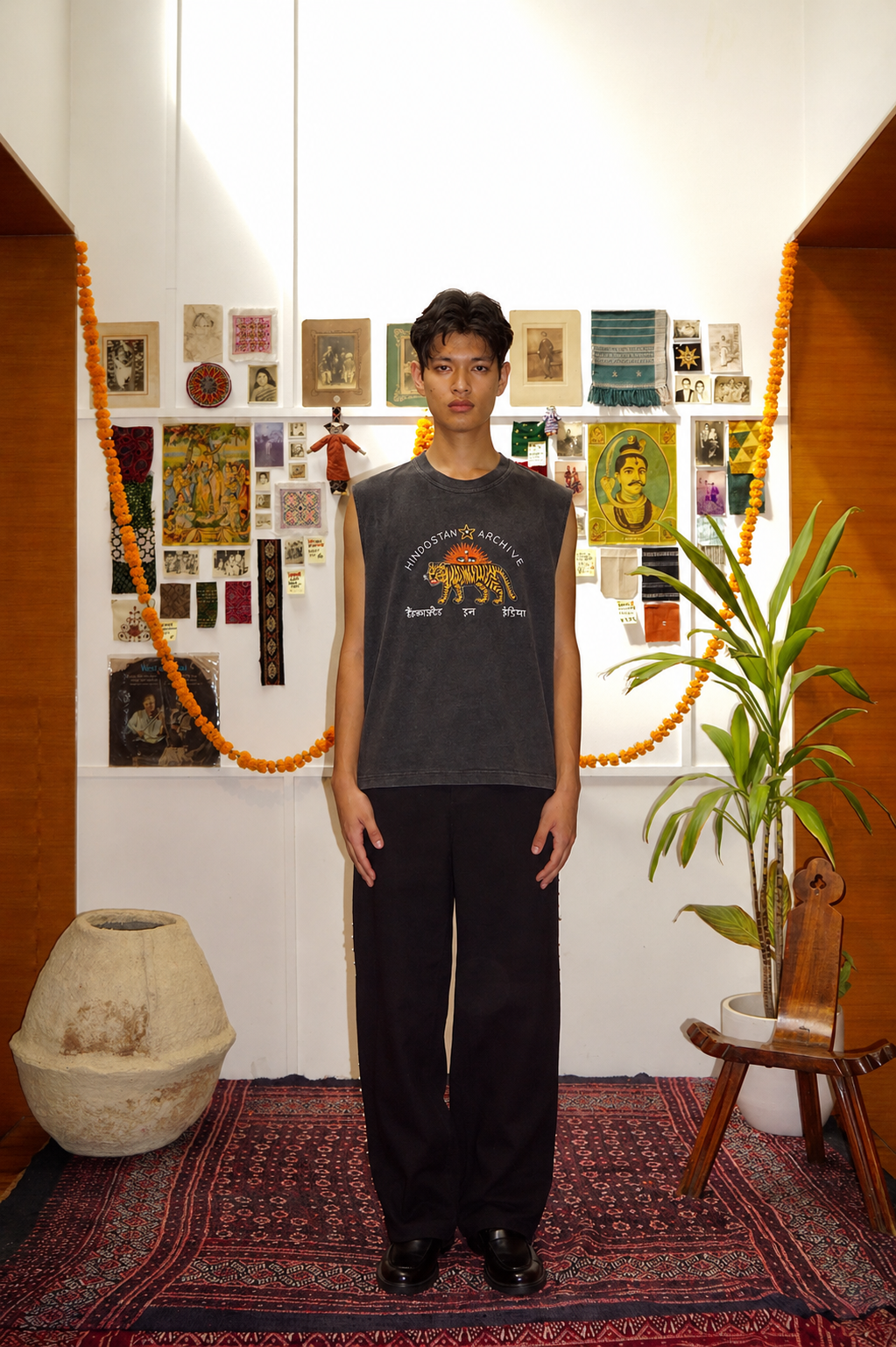 Model wearing Distressed Bengal Tiger graphic tank top vest – artisan menswear Indian handloom clothing by Hindostan Archive