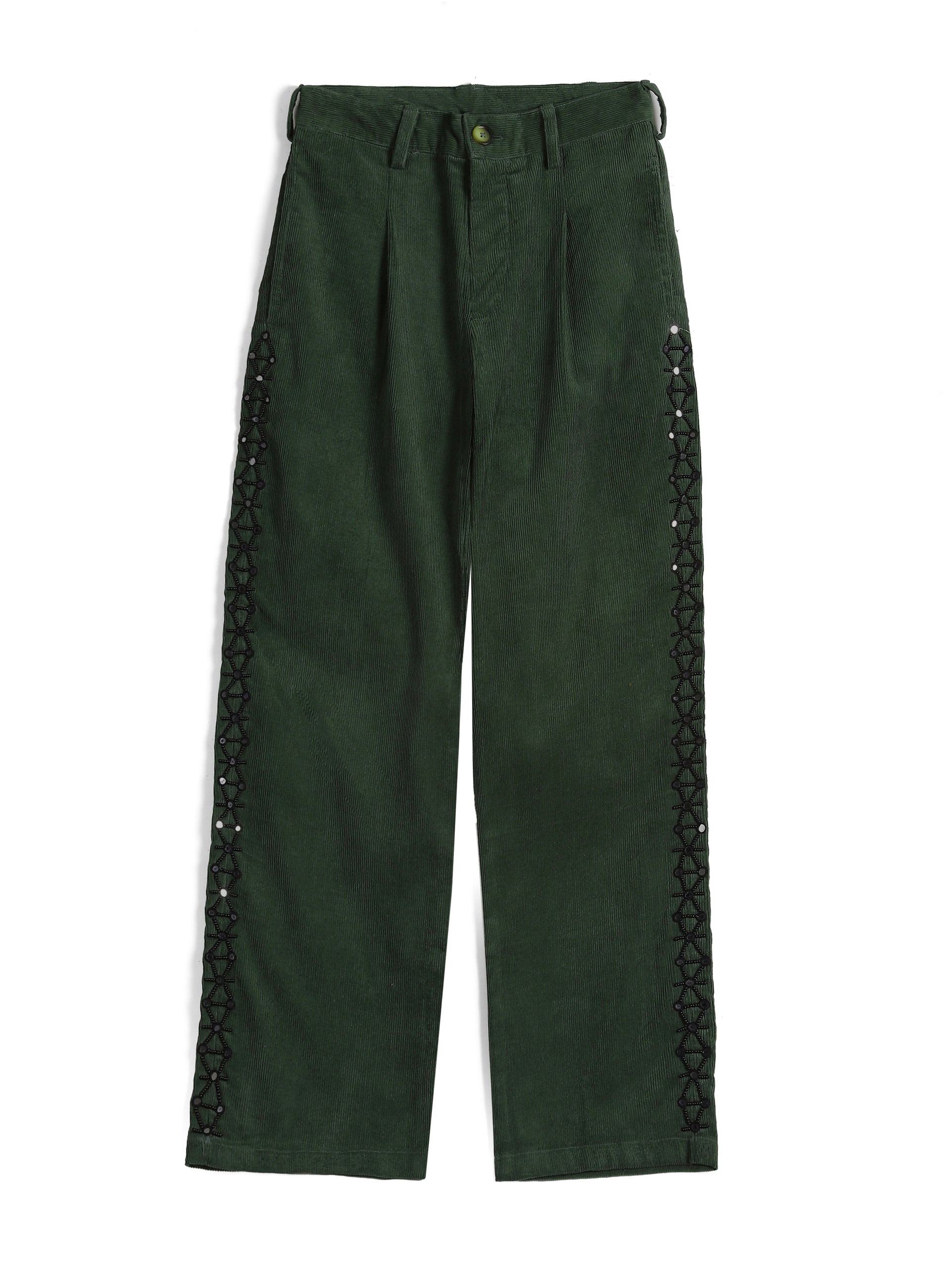 Embroidered corduroy trousers front view with floral side trim – hand-embroidered Indian handloom artisan menswear by Hindostan Archive