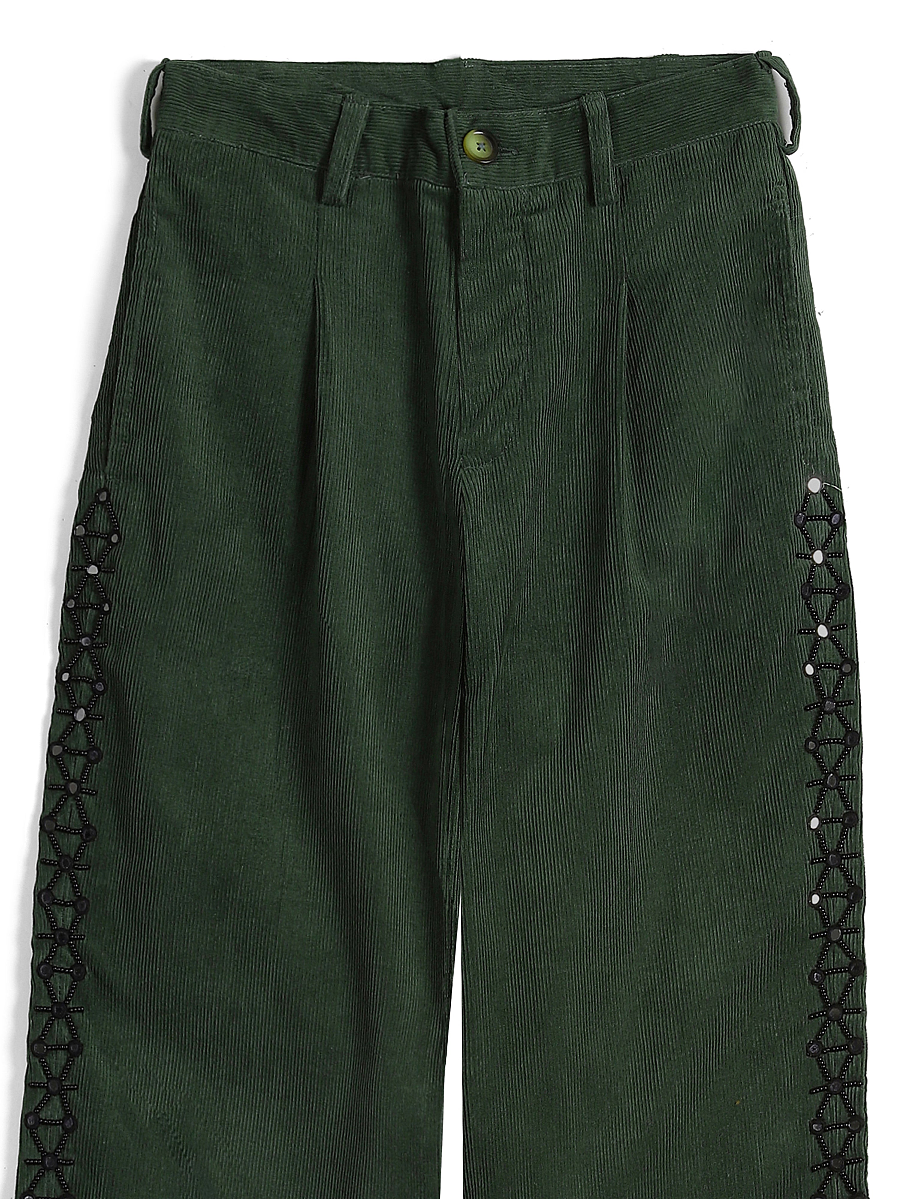 Embroidered corduroy trousers full length with side embroidery trim – hand-embroidered artisan menswear by Hindostan Archive