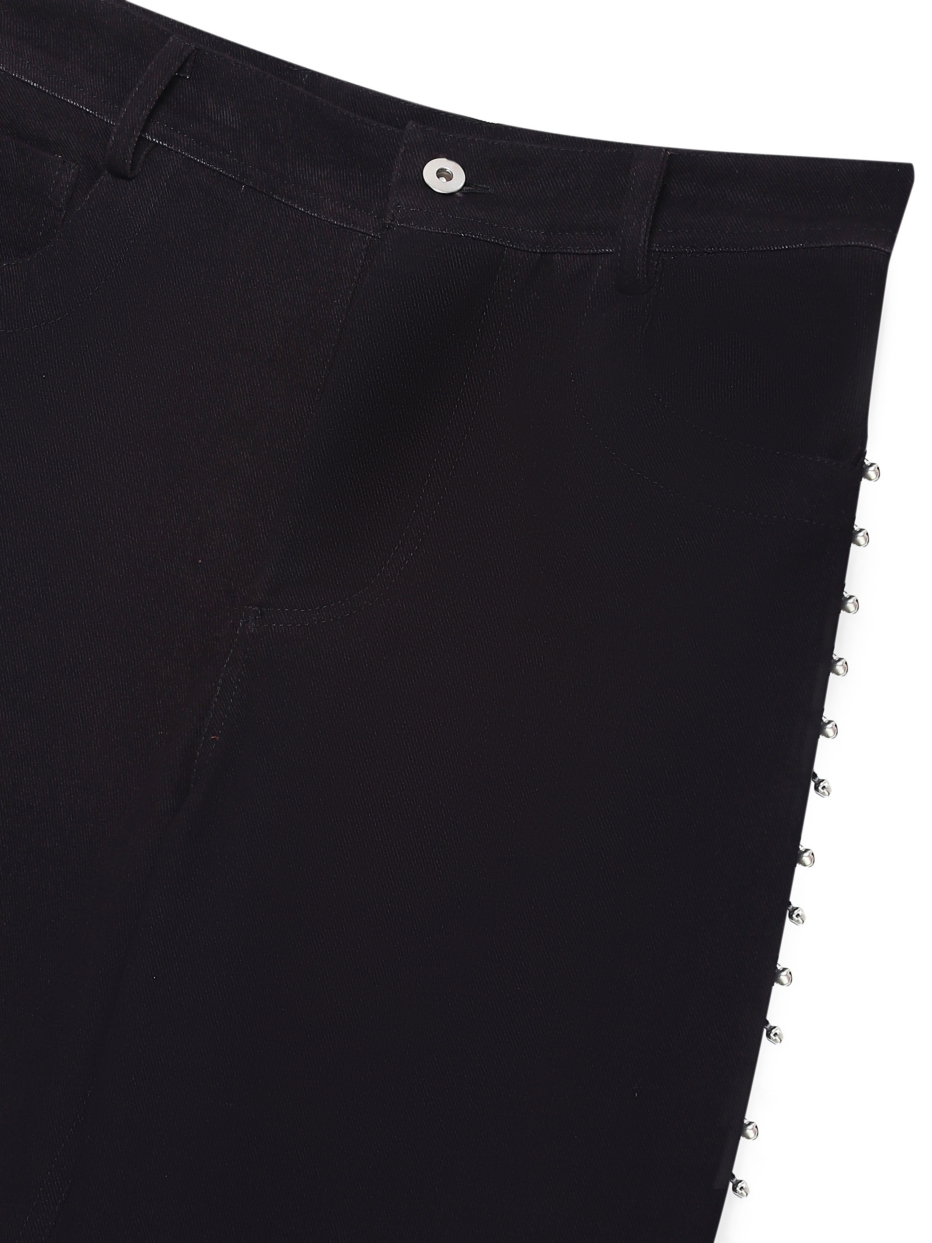 Ghungroo denim jeans close-up of hand-embroidered metal trim detail – artisan menswear Indian handloom clothing by Hindostan Archive