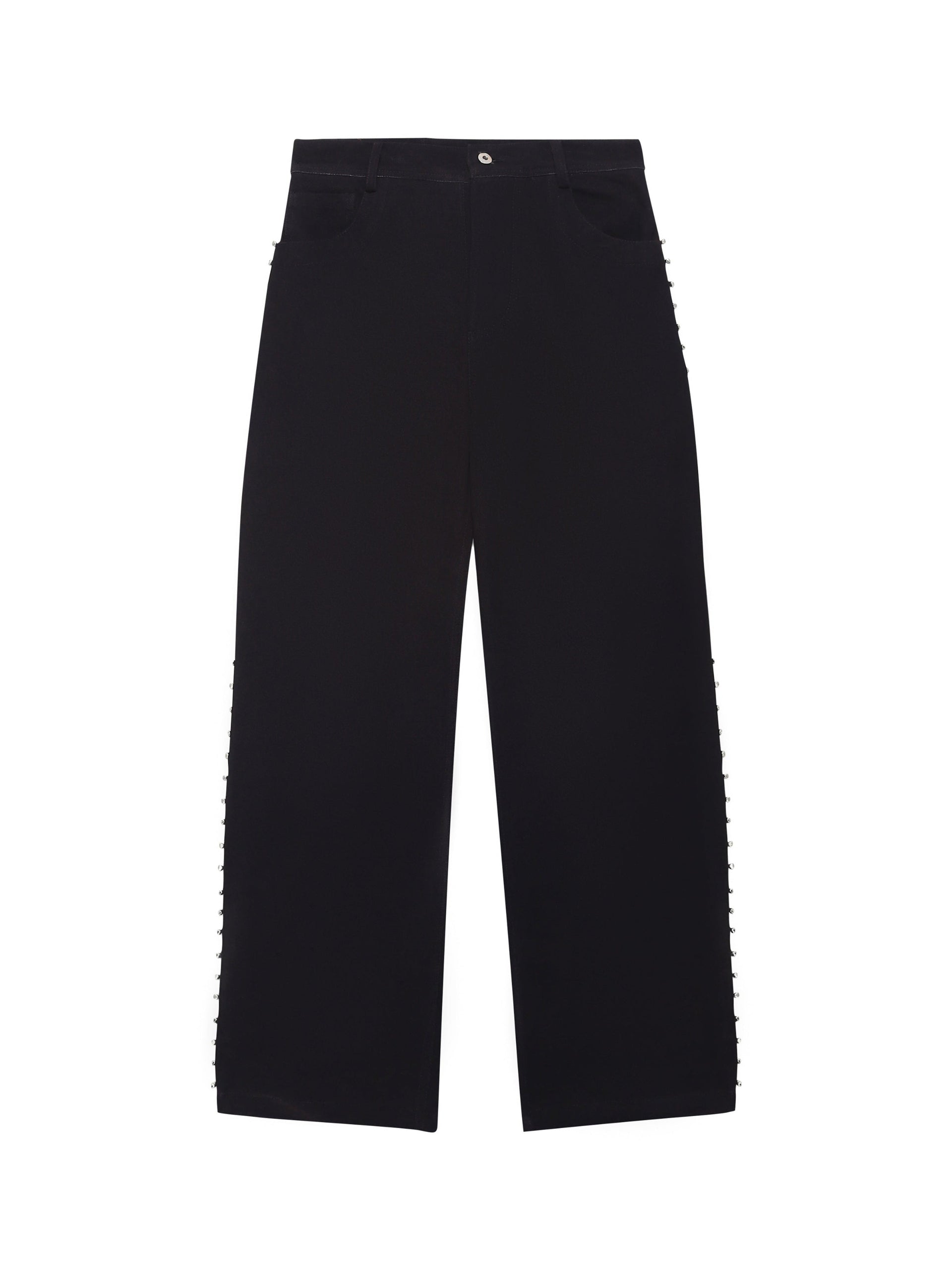 Ghungroo denim jeans front view – hand-embroidered metal trim jeans natural dyed – artisan menswear Indian handloom clothing by Hindostan Archive