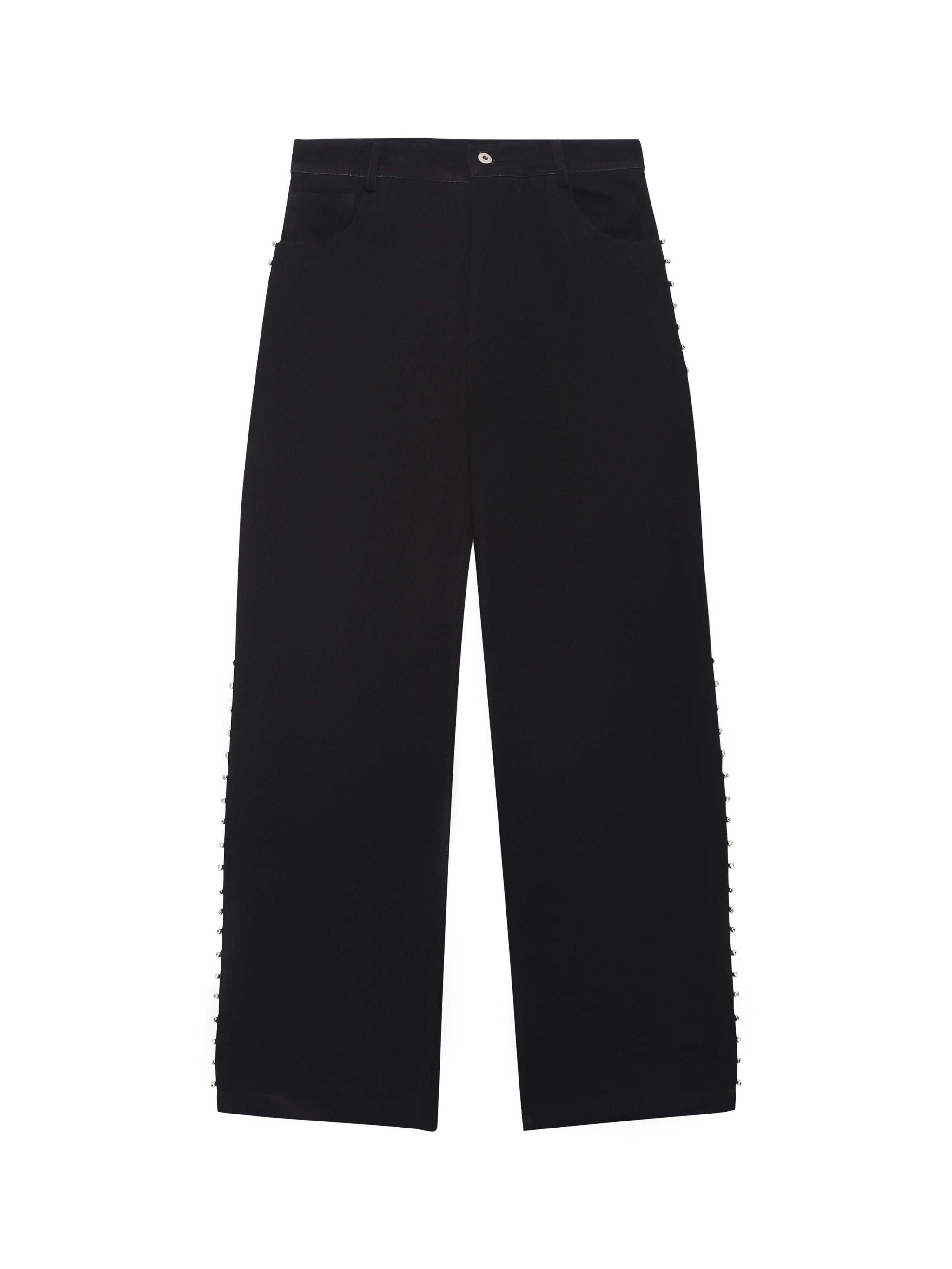 Ghungroo denim jeans front view – hand-embroidered metal trim jeans natural dyed – artisan menswear Indian handloom clothing by Hindostan Archive