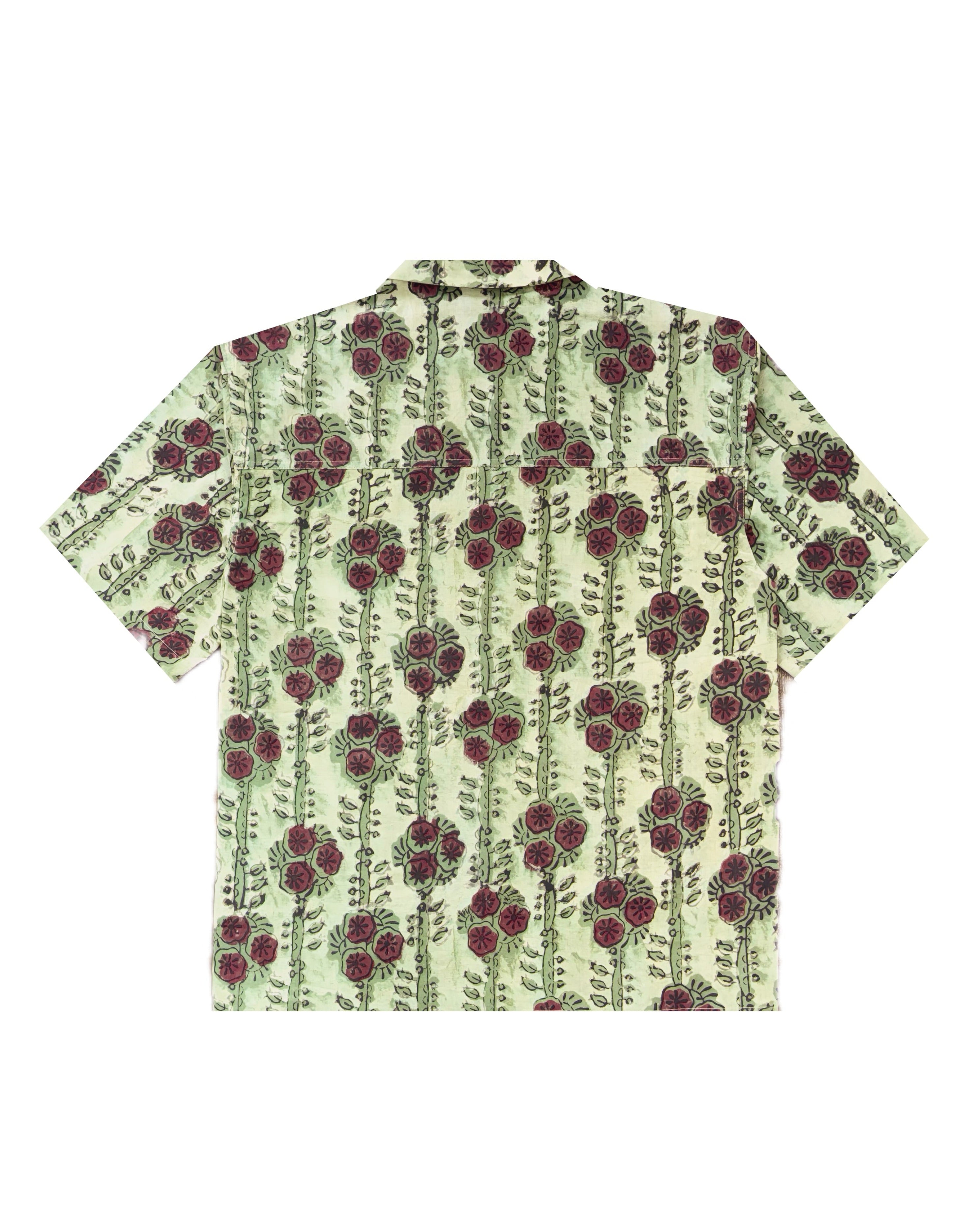 Gulbagh Ajrakh floral hand block printed natural dyed camp shirt back view – Indian handloom artisan menswear by Hindostan Archive