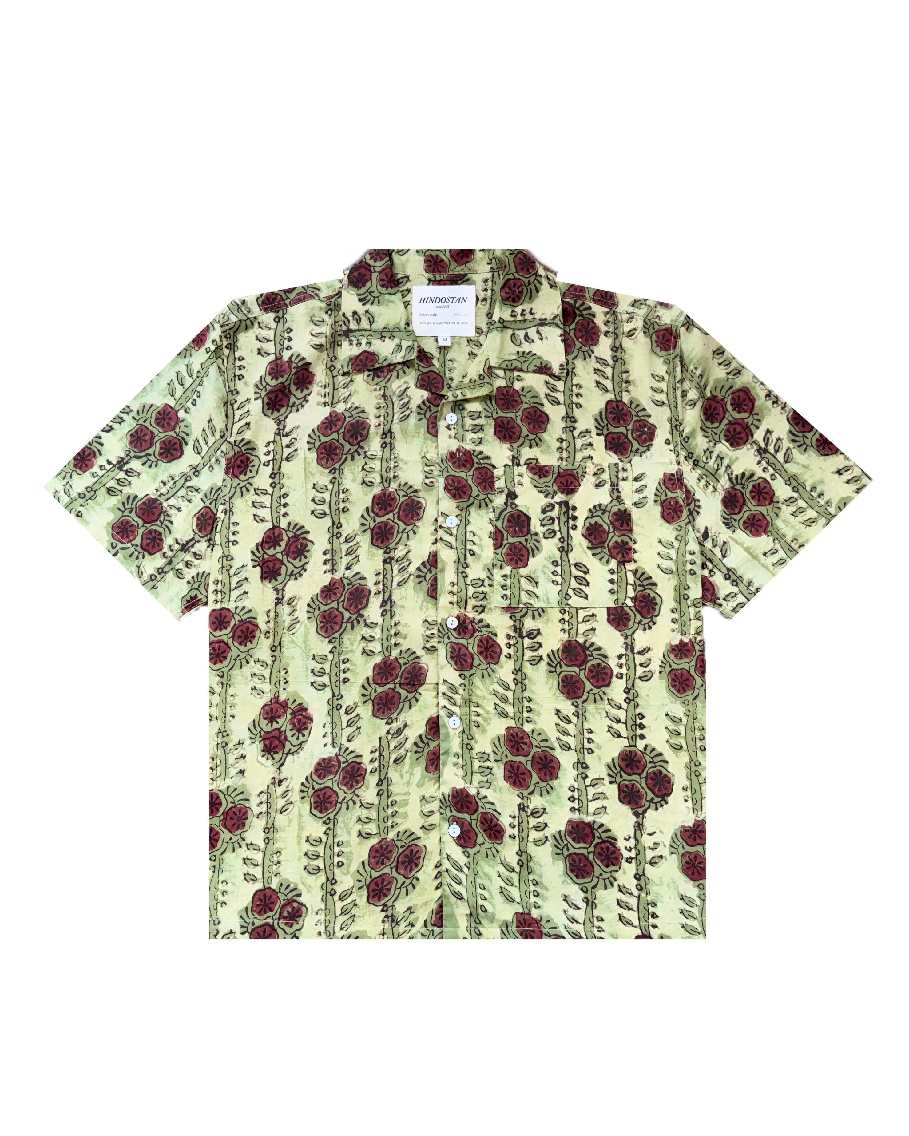 Gulbagh Ajrakh floral hand block printed natural dyed camp shirt front – Indian handloom artisan menswear by Hindostan Archive