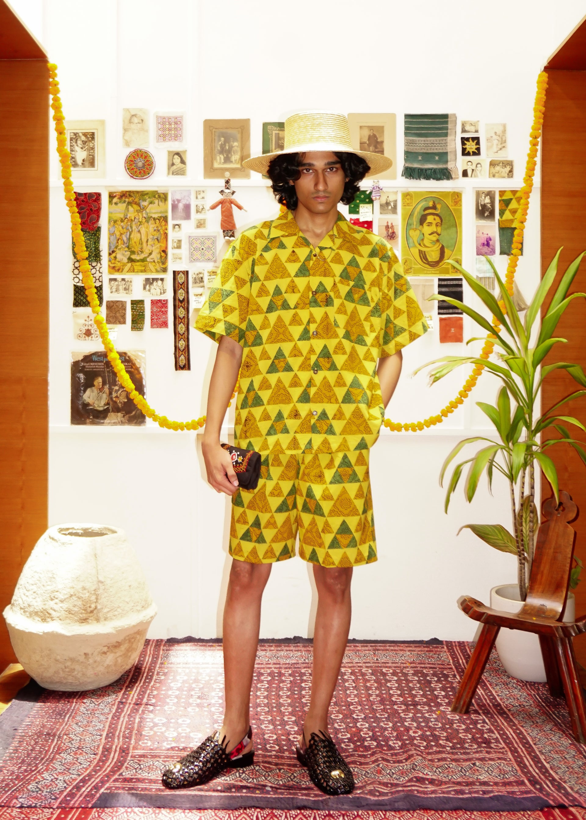 Haldi Ajrakh shirt close-up of turmeric yellow Ajrakh hand block printed natural dyed fabric – artisan menswear Indian handloom clothing by Hindostan Archive