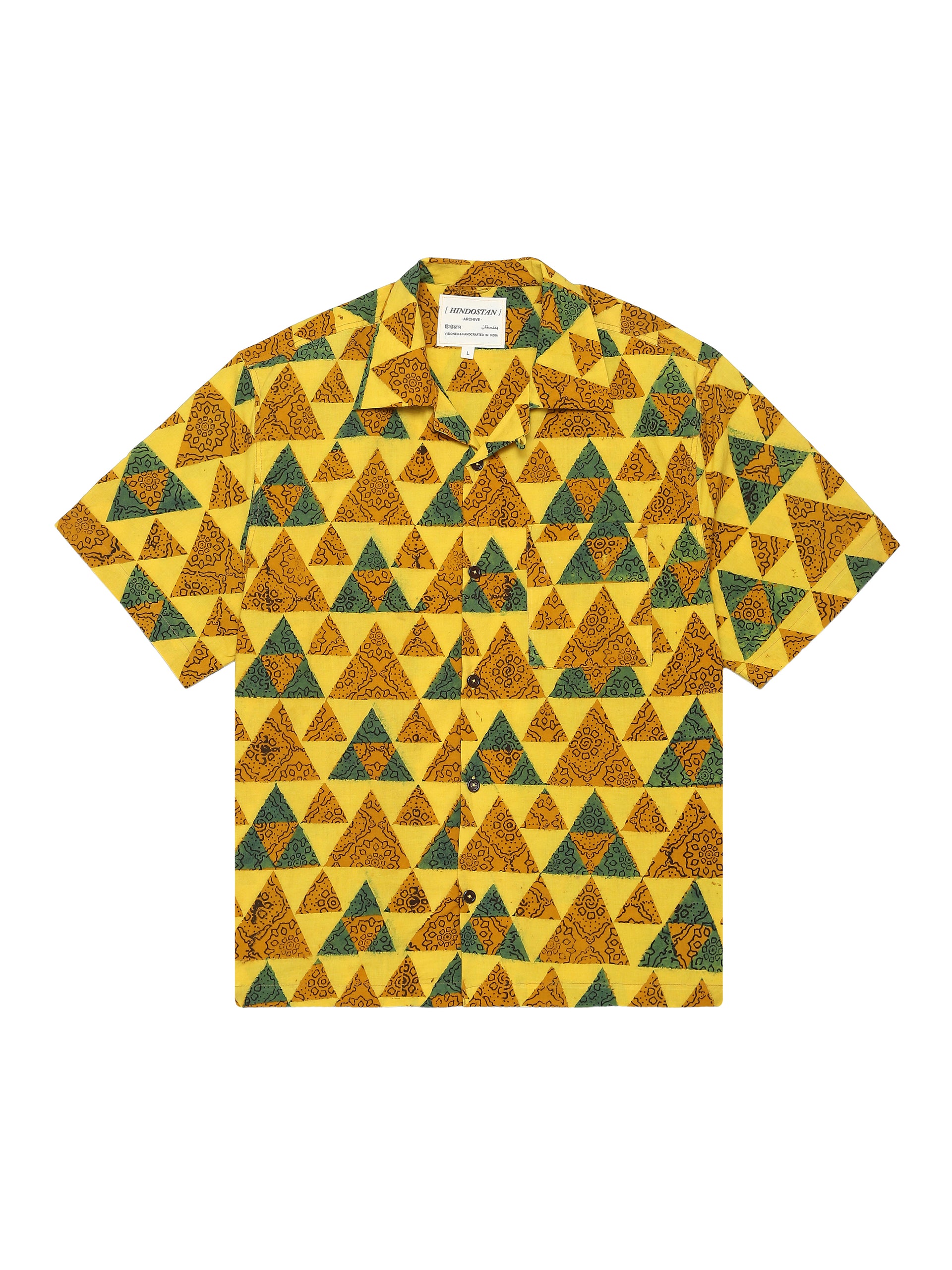 Haldi Ajrakh shirt front view – Ajrakh clothing hand block printed shirt in turmeric yellow natural dyed – artisan menswear Indian handloom clothing by Hindostan Archive