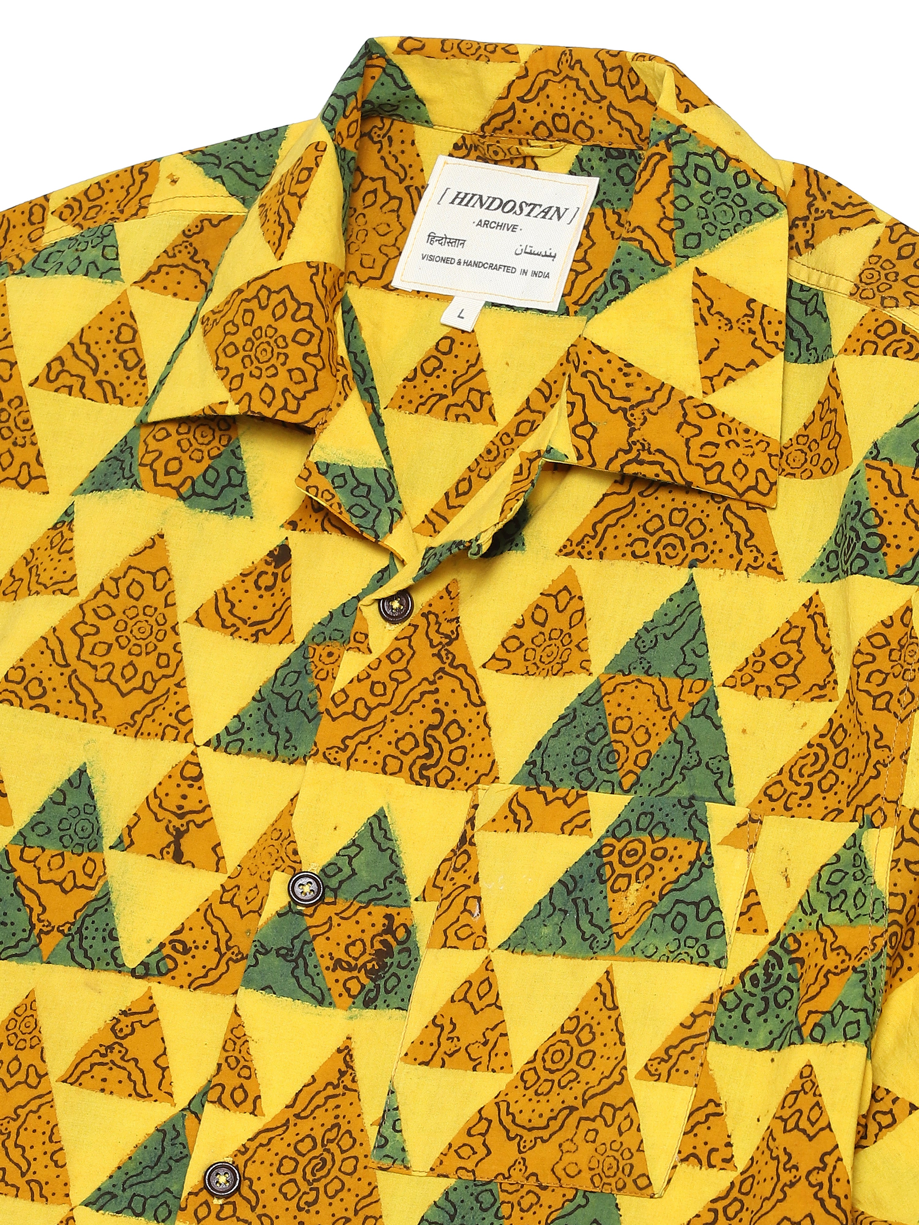 Haldi Ajrakh shirt model side view – Ajrakh clothing hand block printed shirt in turmeric yellow natural dyed – artisan menswear Indian handloom by Hindostan Archive