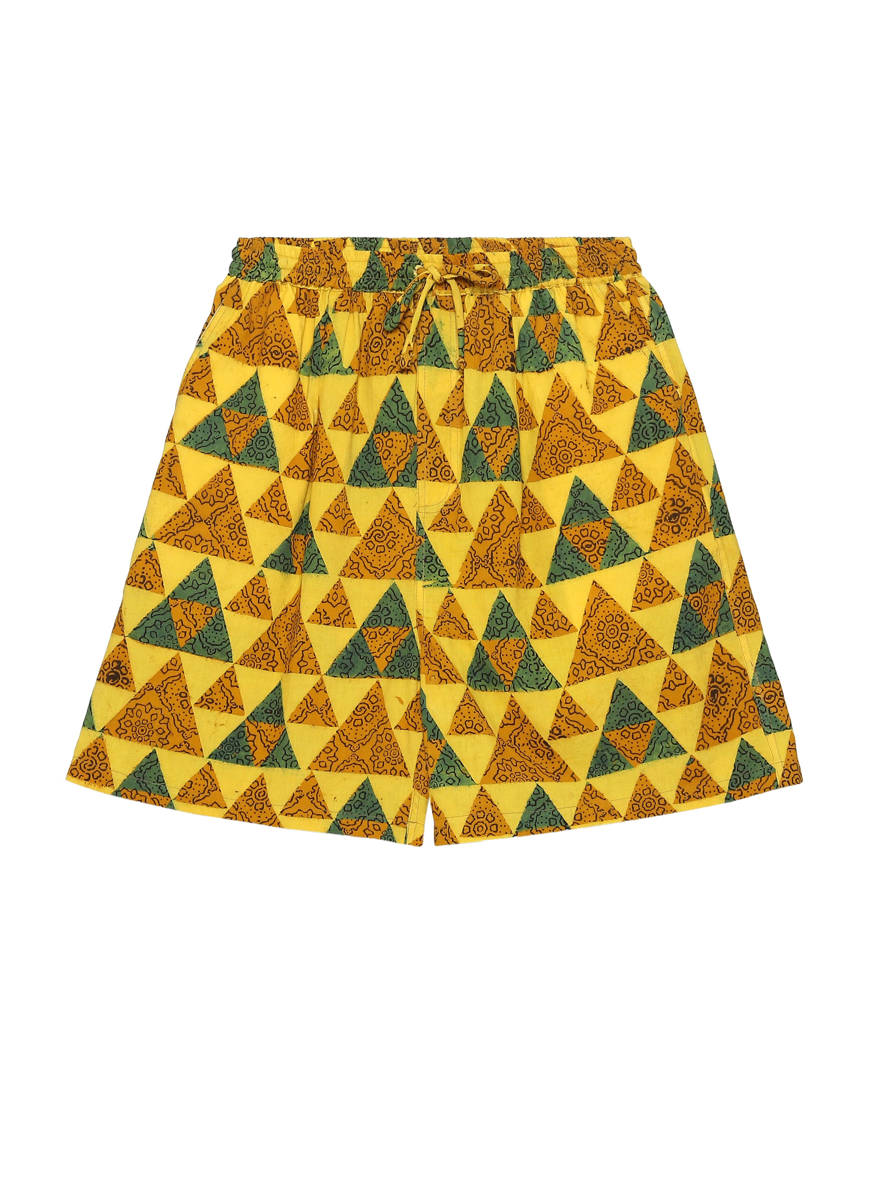 Haldi Ajrakh shorts back view – Ajrakh clothing hand block printed natural dyed turmeric yellow shorts – artisan menswear Indian handloom clothing by Hindostan Archive