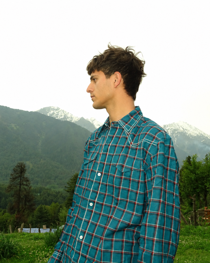 Person wearing a blue plaid shirt standing in a scenic outdoor setting with mountains and trees.
