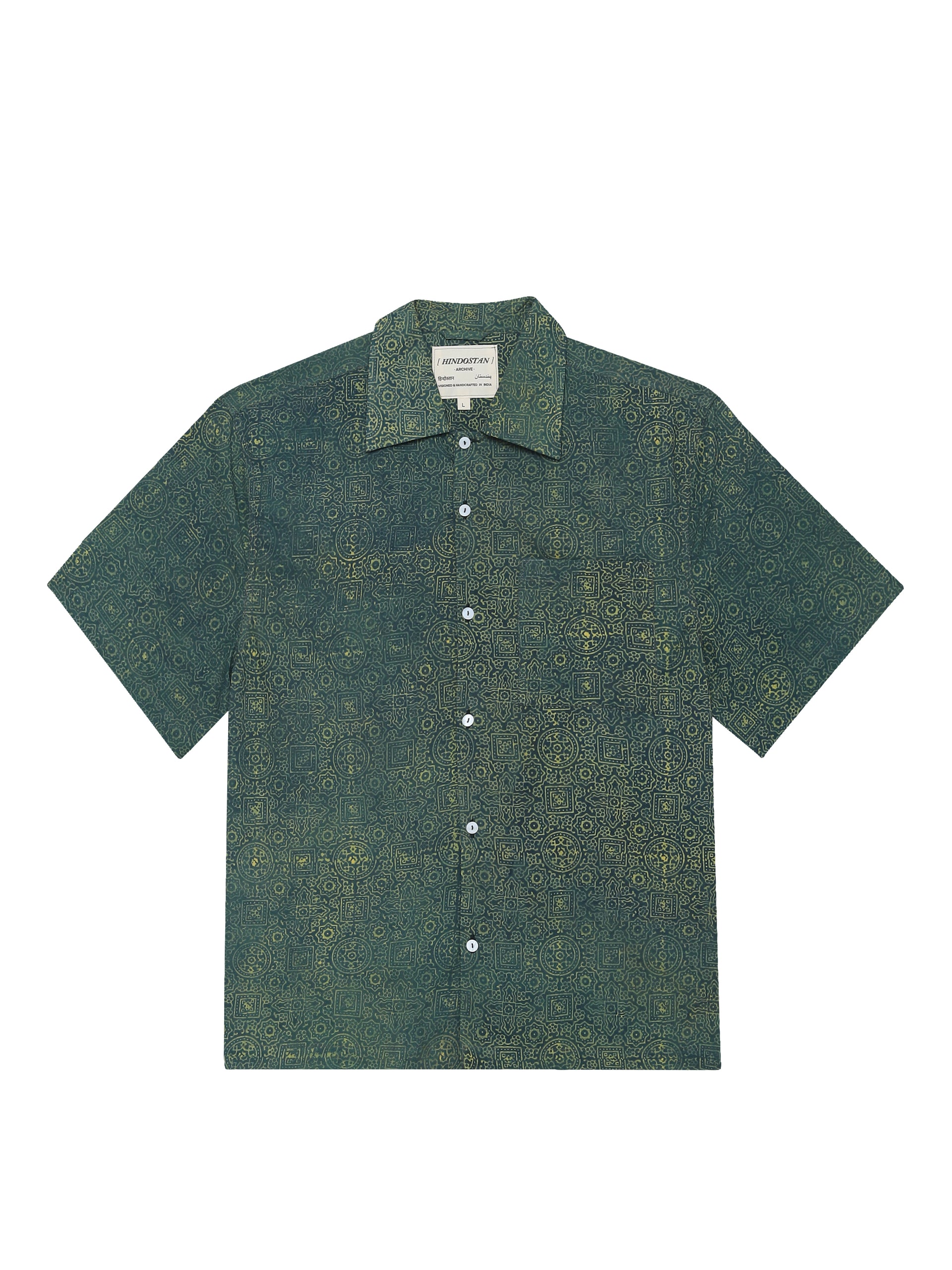 Harit Ajrakh handblocked shirt front view – Ajrakh clothing hand block printed shirt in green natural dyed – artisan menswear Indian handloom clothing by Hindostan Archive