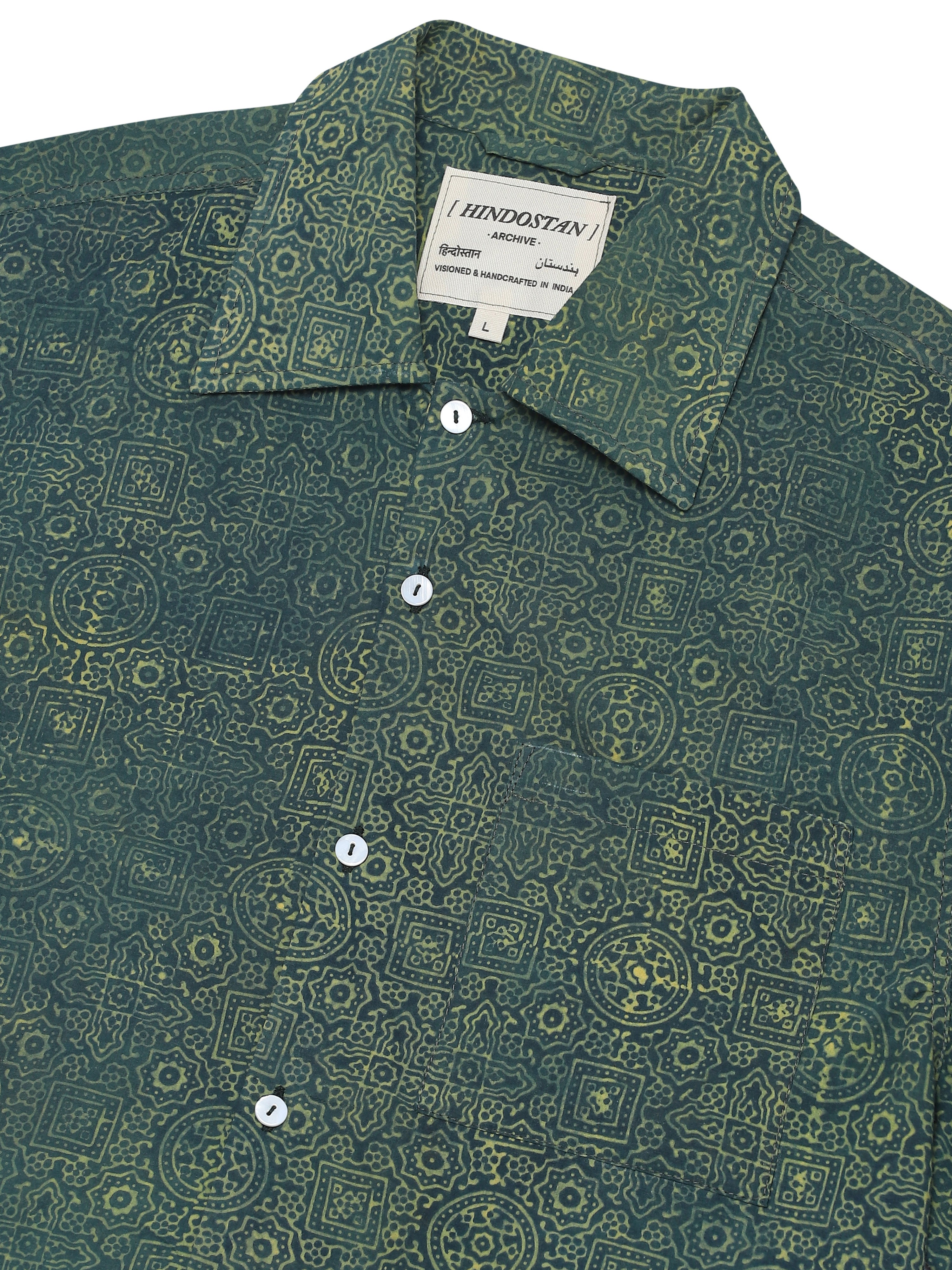 Harit Ajrakh handblocked shirt size guide – Ajrakh clothing hand block printed shirt green natural dyed – artisan menswear Indian handloom by Hindostan Archive