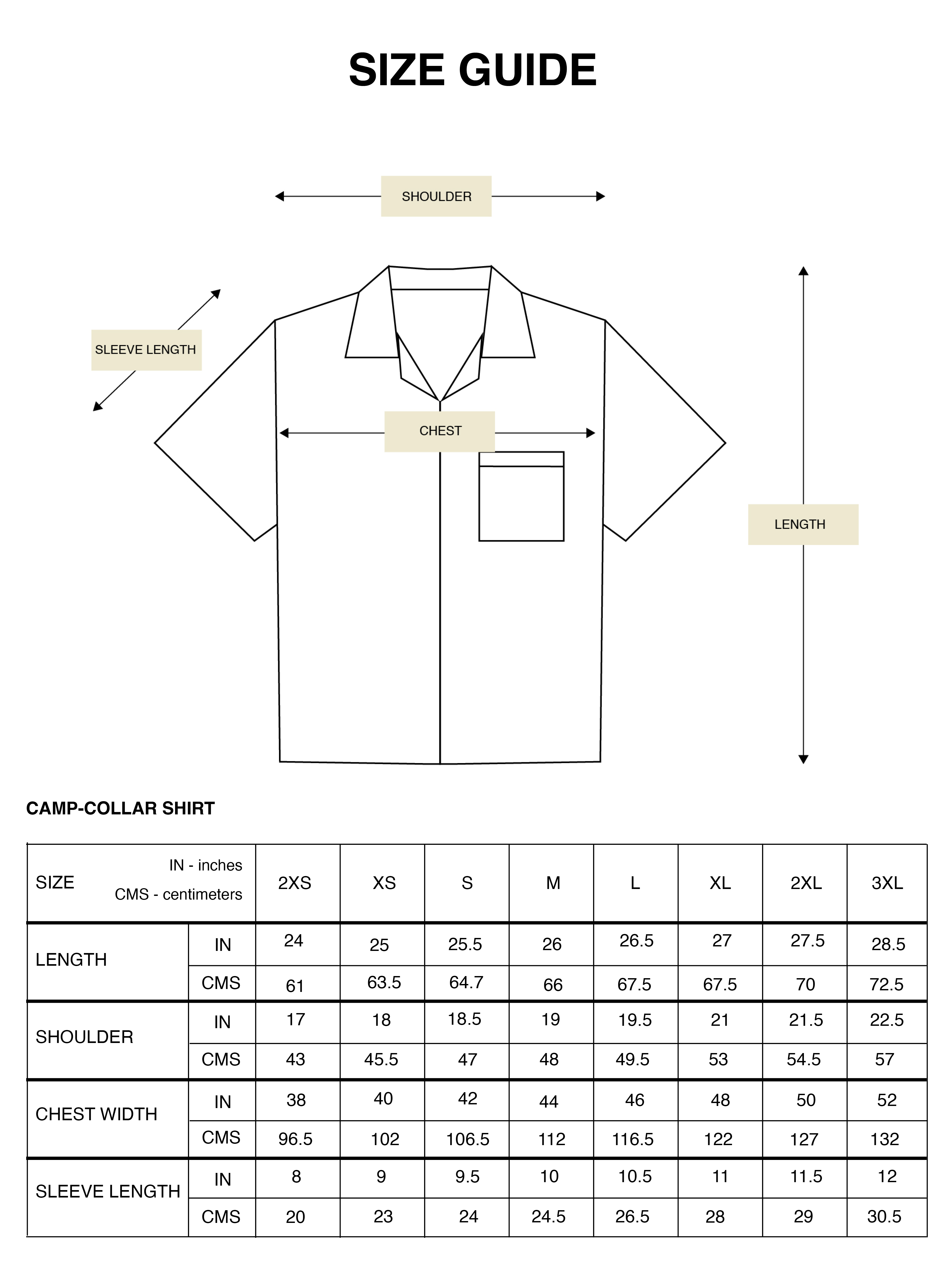 Size guide and measurements chart for Hindostan Archive men's camp collar shirts – Indian handloom artisan menswear sizing reference