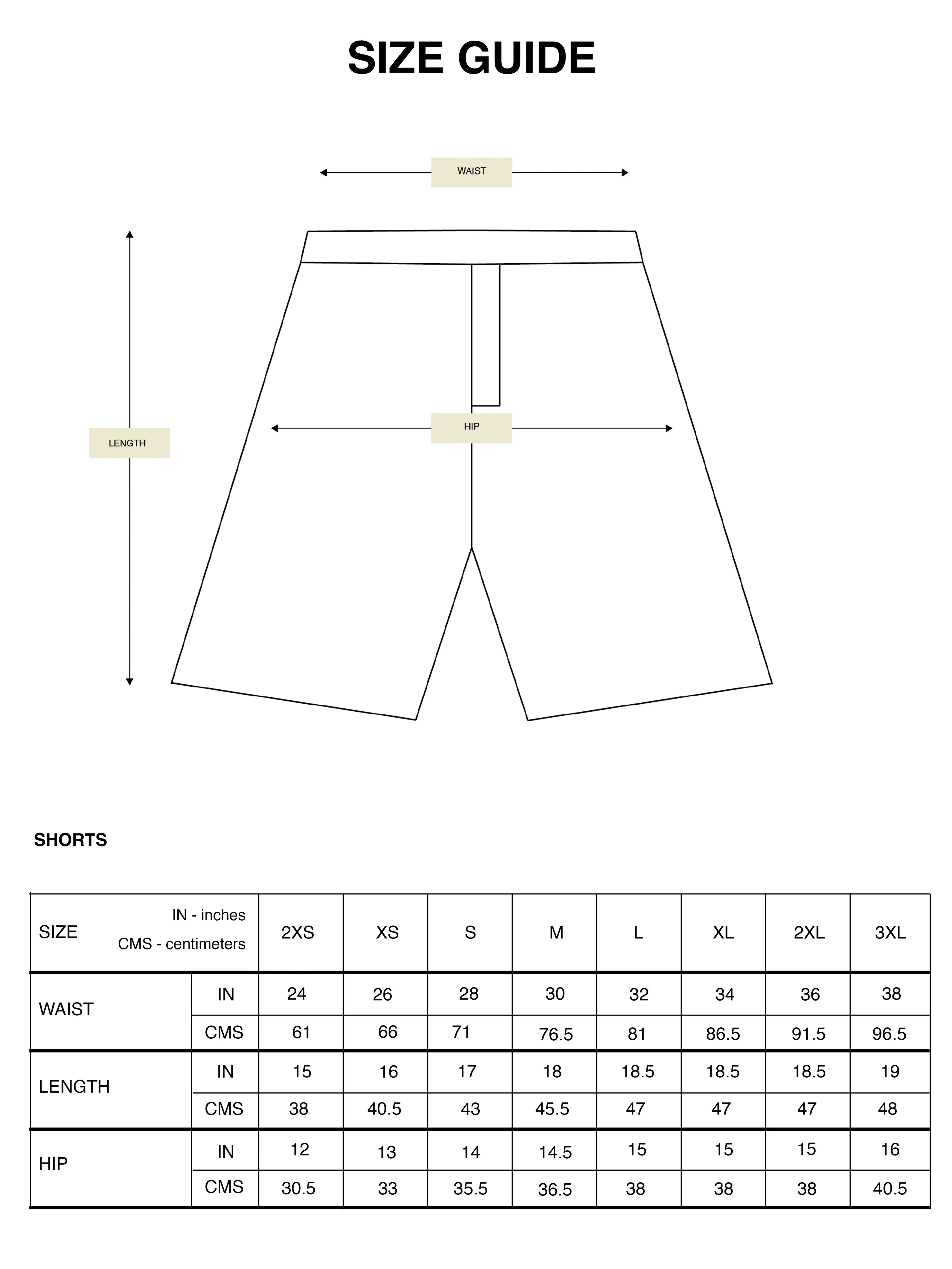Size guide and measurements chart for Hindostan Archive men's carpenter shorts – artisan menswear sizing reference