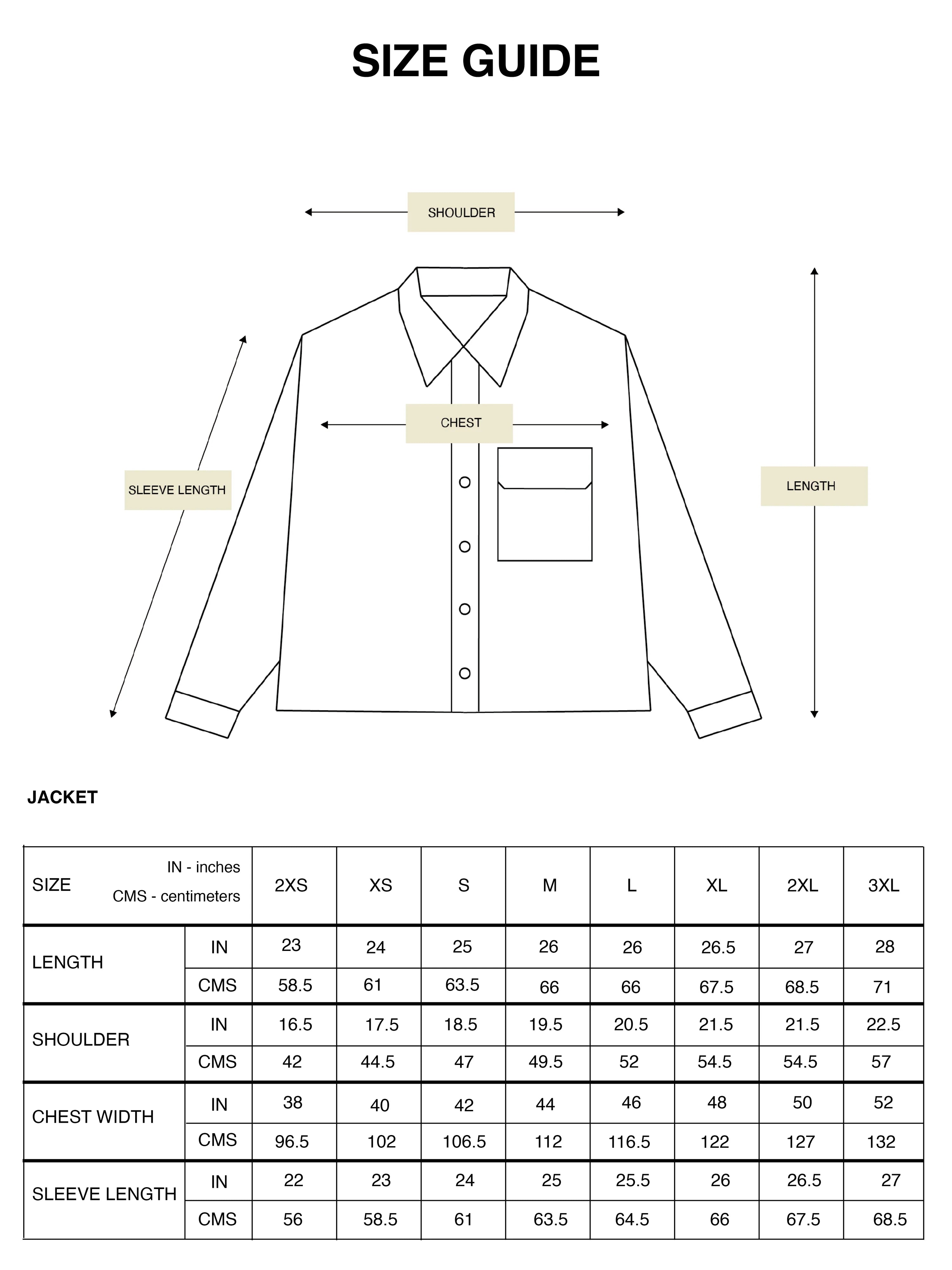 Size guide and measurements chart for Hindostan Archive men's jackets and shackets – Indian artisan menswear sizing reference