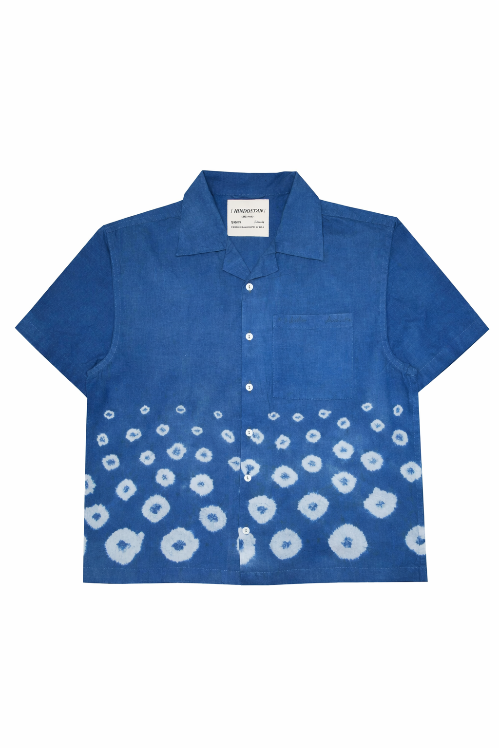 Indigo Bandhani tie-dye cotton camp shirt front view – natural dyed handwoven artisan menswear by Hindostan Archive