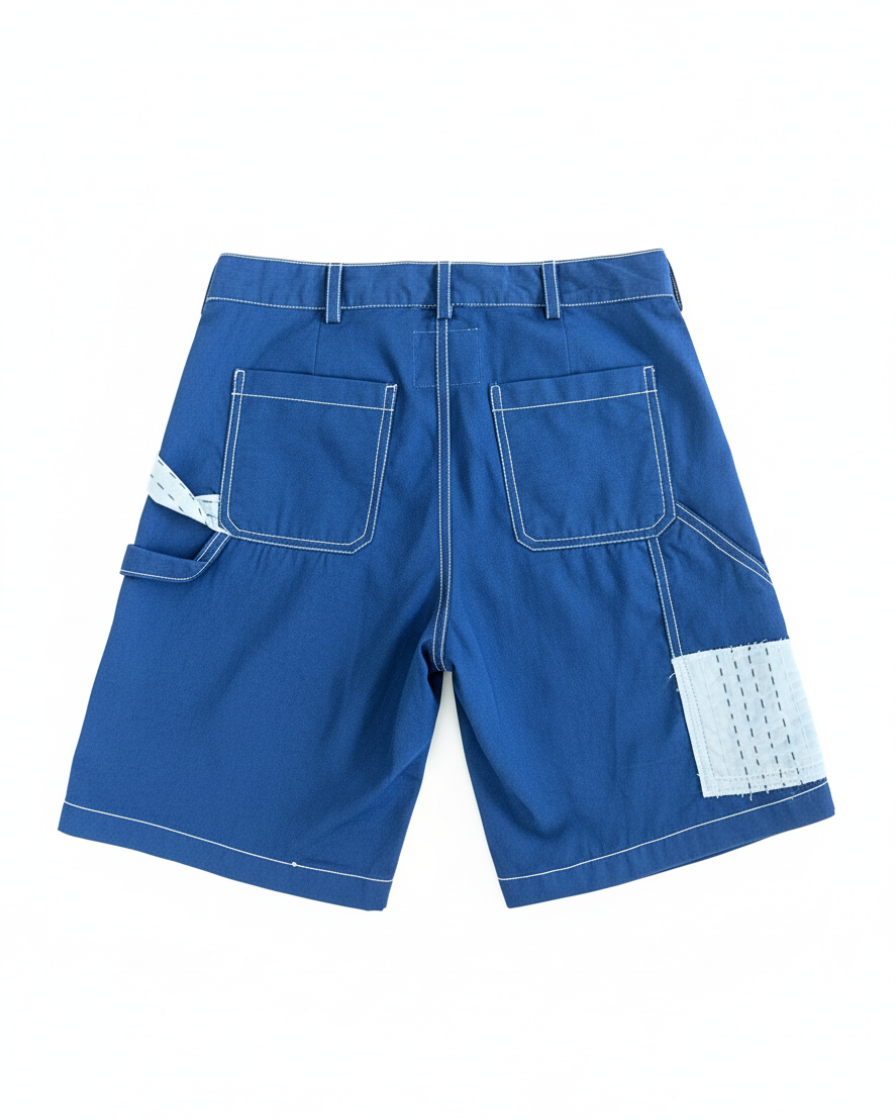 Indigo natural dyed carpenter cotton shorts back view with Kantha patch – artisan menswear by Hindostan Archive