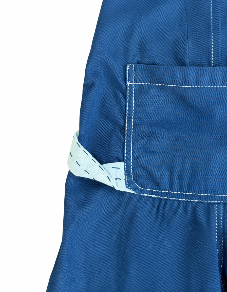 Pocket and hammer loop detail of indigo natural dyed carpenter cotton shorts – artisan menswear by Hindostan Archive