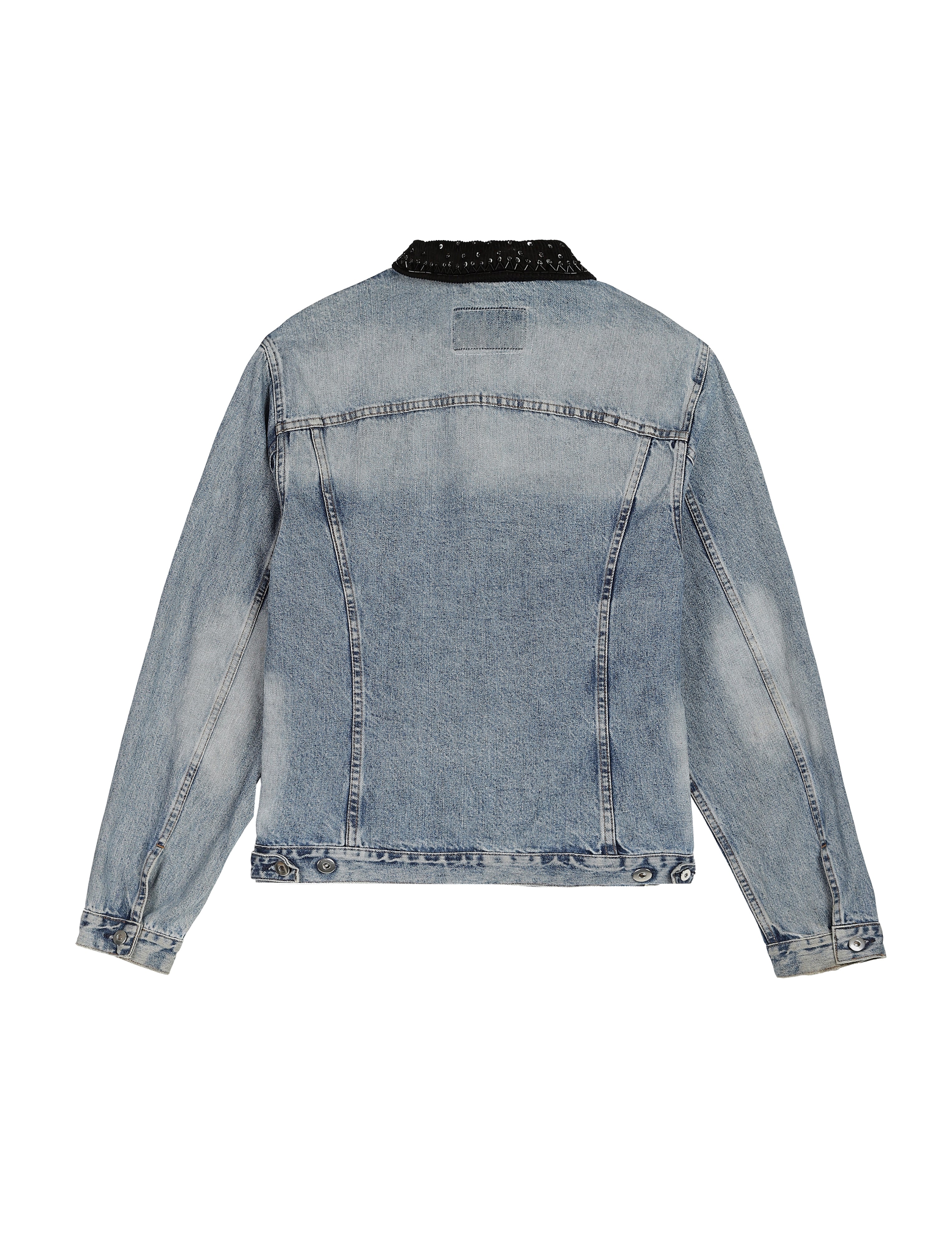 Indigo denim jacket back view with embroidered collar – natural dyed artisan menswear Indian handloom clothing by Hindostan Archive