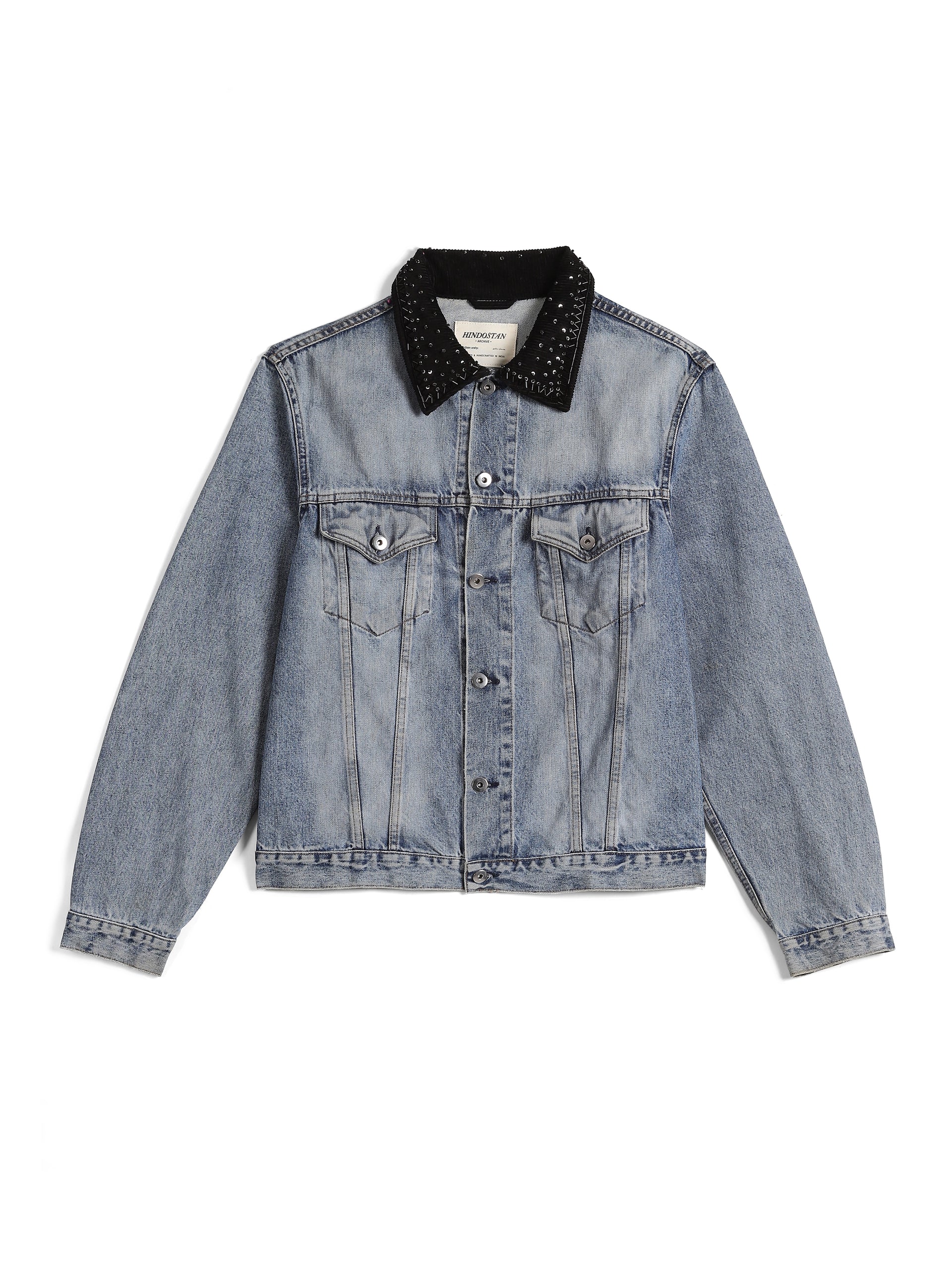 Indigo denim jacket with hand-embroidered mirror collar front view – natural dyed artisan menswear by Hindostan Archive