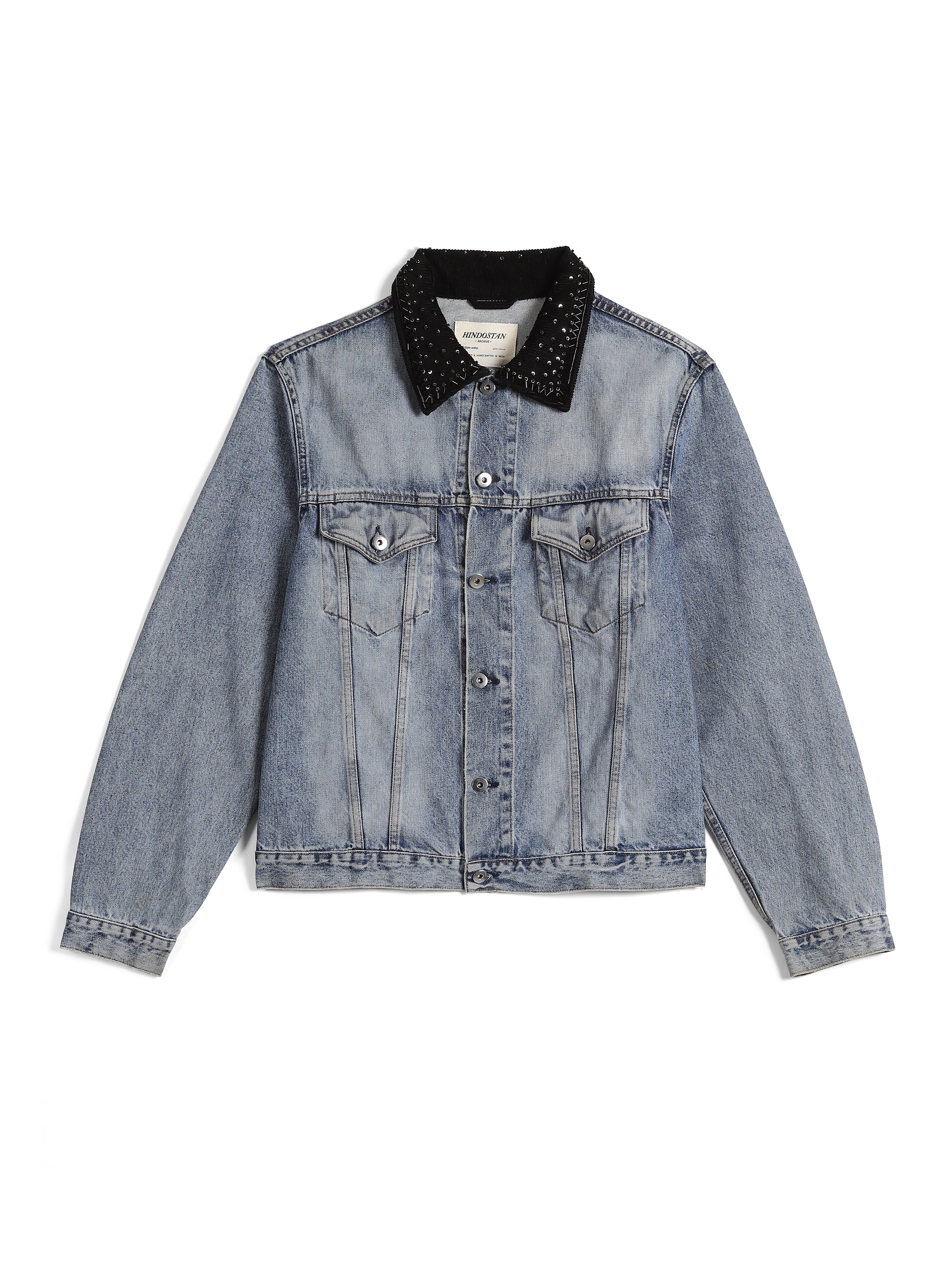 Indigo denim jacket with hand-embroidered mirror collar front view – natural dyed artisan menswear by Hindostan Archive