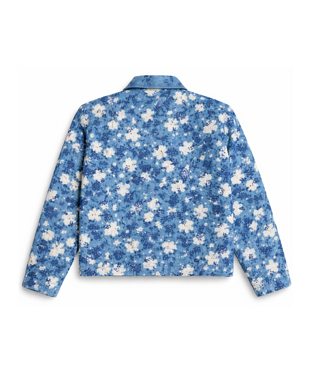 Back view of INDIGO Kantha quilted jacket with white floral hand-stitching – Hindostan Archive