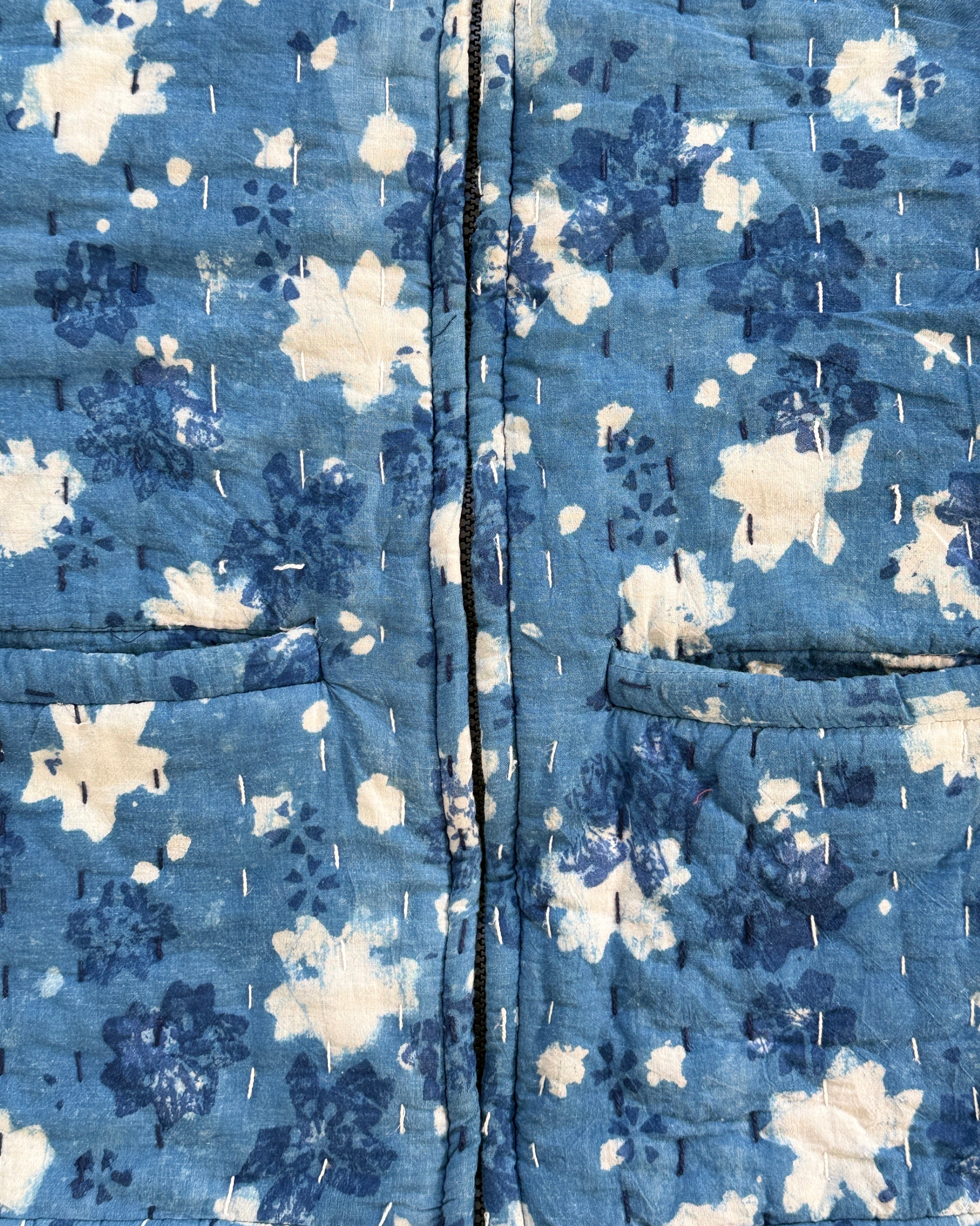 Close-up of INDIGO Kantha jacket fabric with white Dabu floral print and Kantha running-stitch – Hindostan Archive