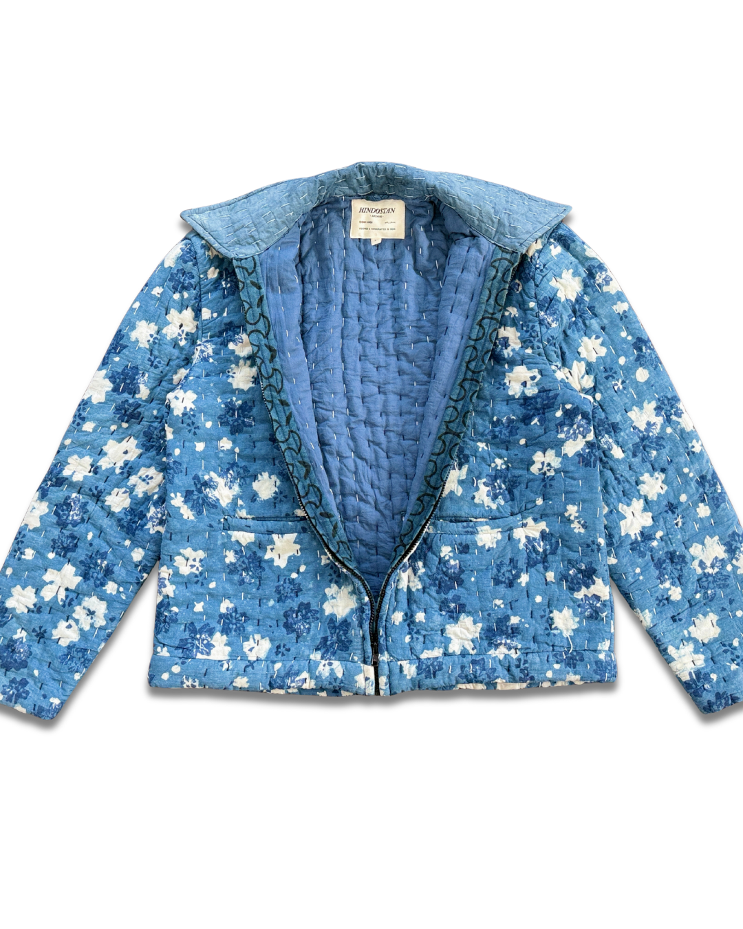 INDIGO Kantha quilted jacket shown open revealing hand-stitched cotton lining – Hindostan Archive