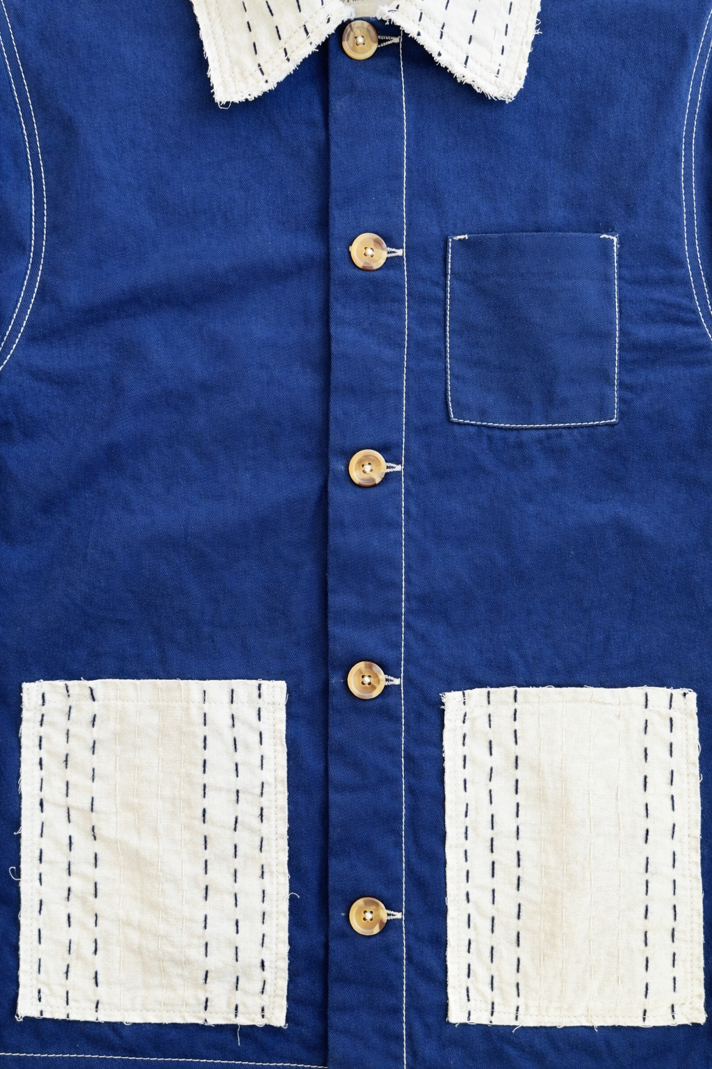 Button placket and Kantha pocket detail of Indigo Kantha quilted shacket jacket – Indian handloom artisan menswear by Hindostan Archive
