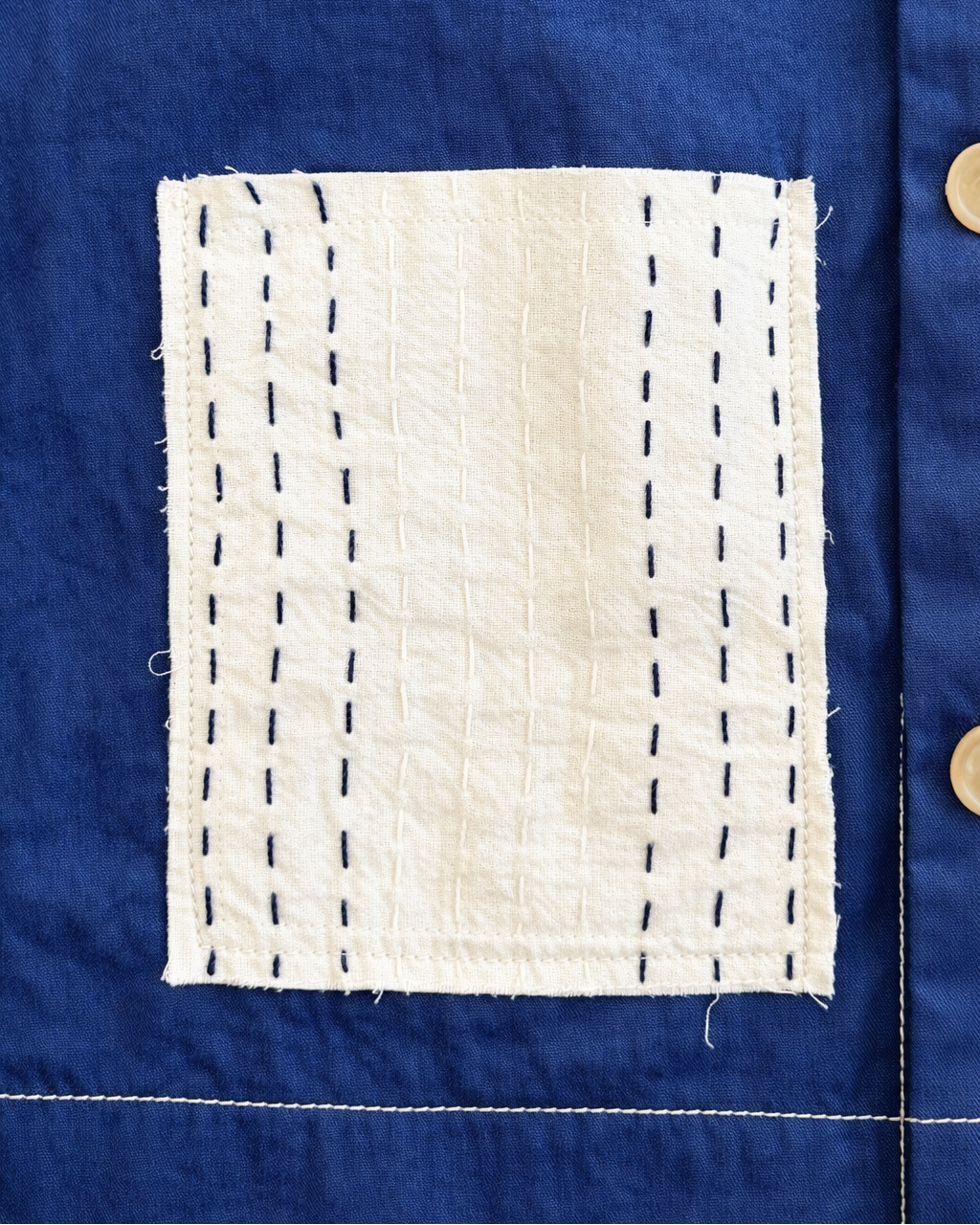 Close-up of Kantha running-stitch embroidery on the pocket of Indigo Kantha quilted shacket – Indian handloom artisan menswear by Hindostan Archive
