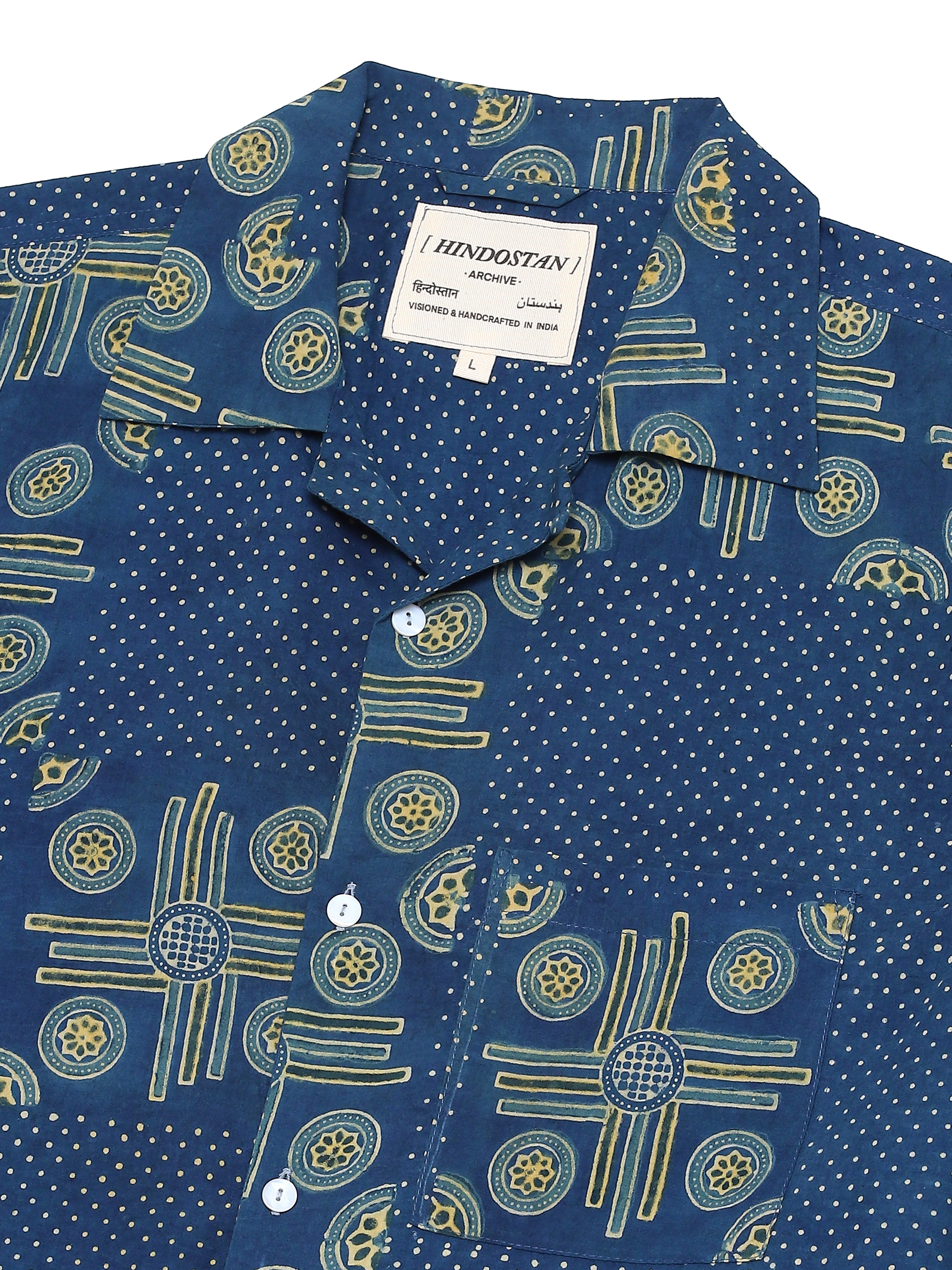 Indigo patchwork handblocked shirt close-up of Ajrakh hand block printed fabric natural dyed – artisan menswear Indian handloom clothing by Hindostan Archive