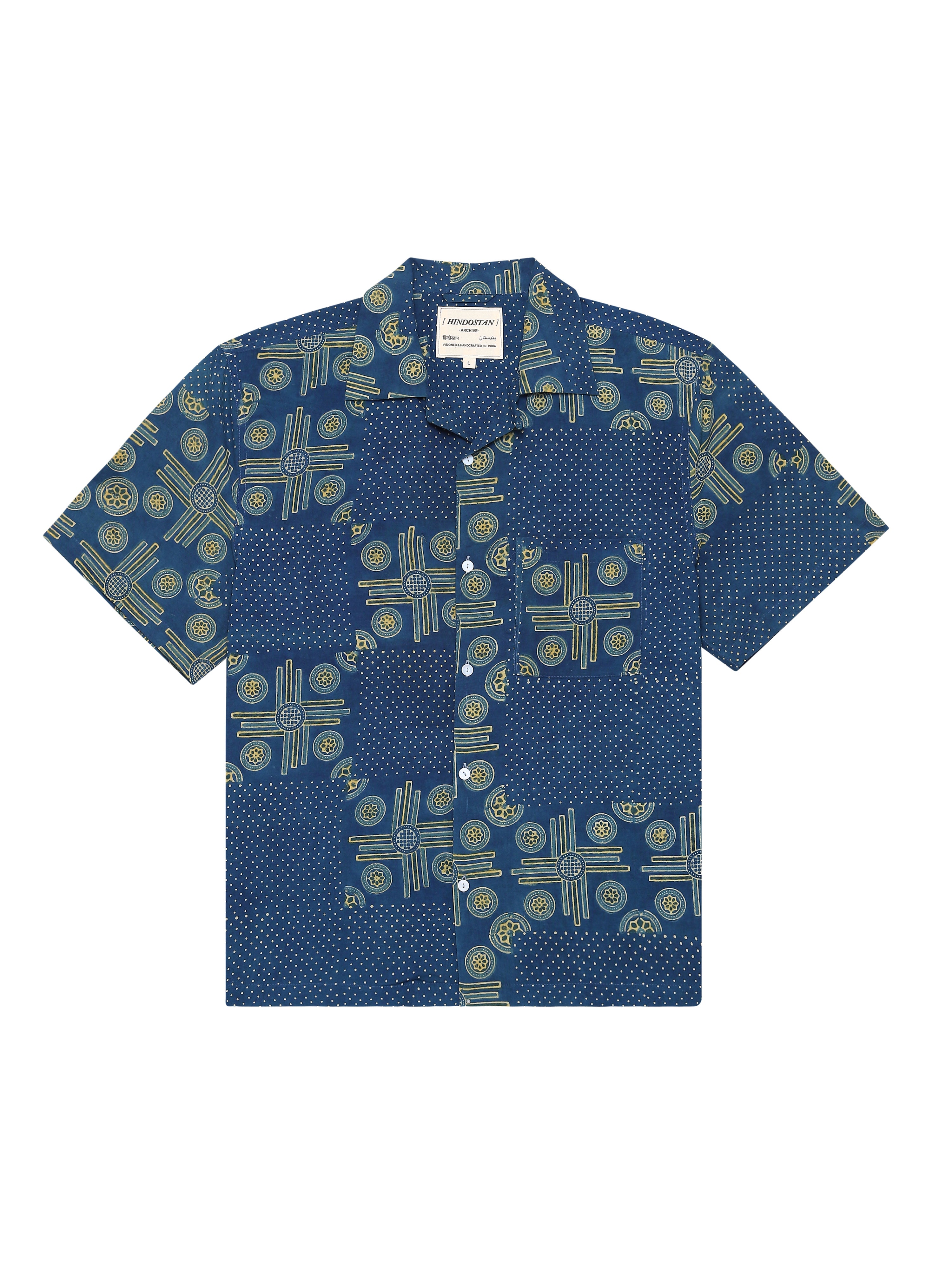 Indigo patchwork handblocked shirt front view – Ajrakh clothing hand block printed shirt natural dyed – artisan menswear Indian handloom clothing by Hindostan Archive