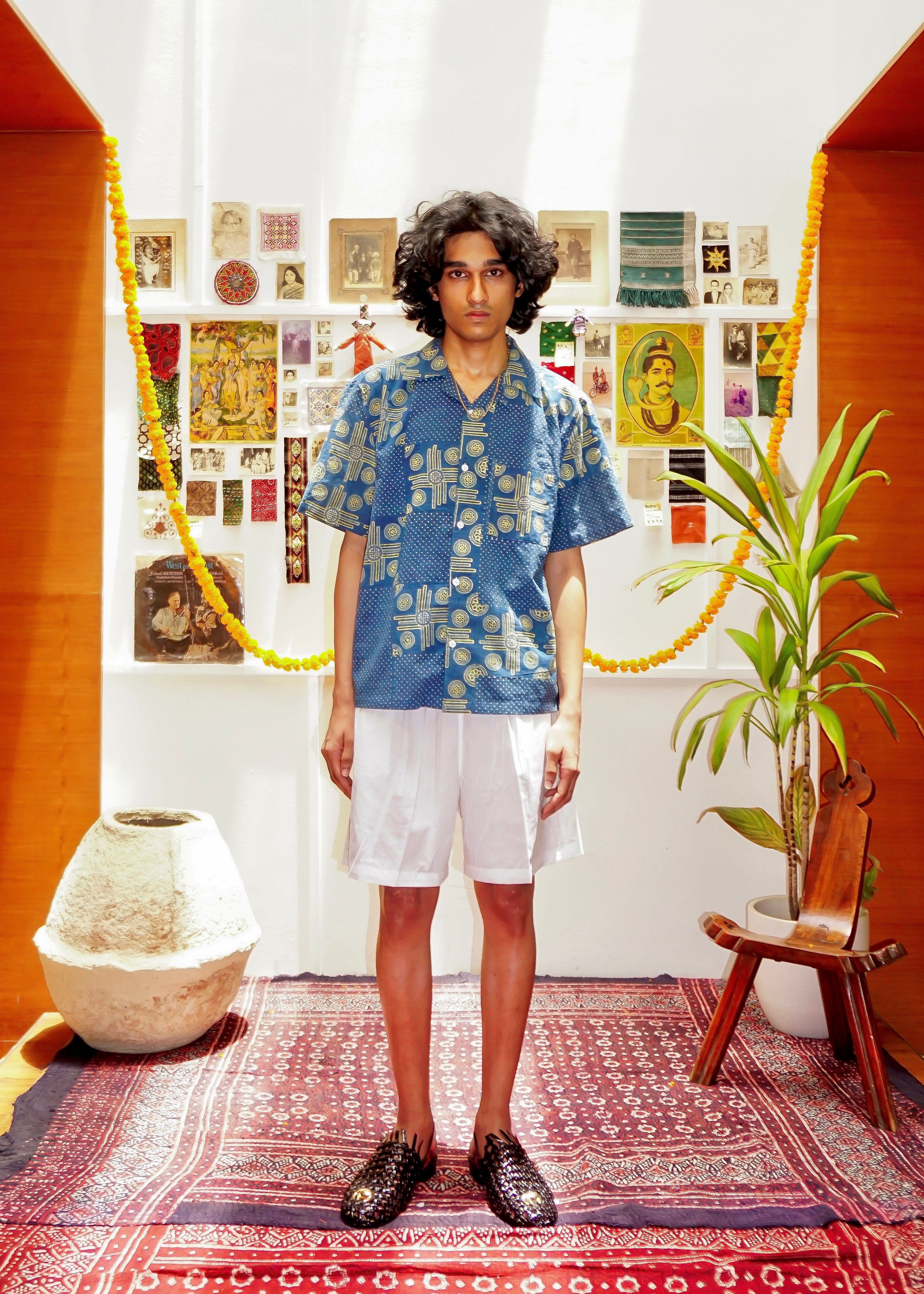 Indigo patchwork handblocked shirt worn view – Ajrakh clothing hand block printed shirt natural dyed – artisan menswear Indian handloom by Hindostan Archive