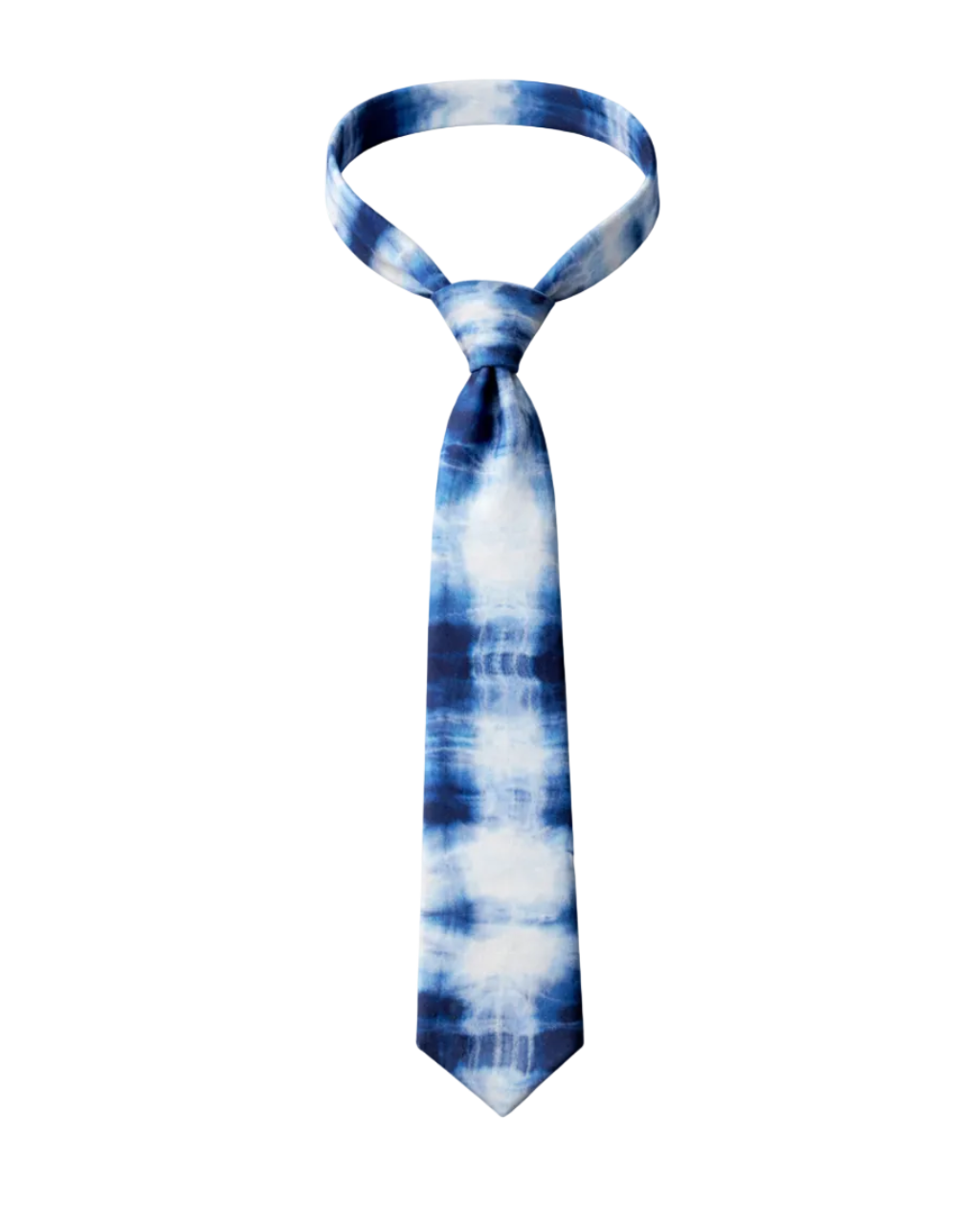 Indigo Shibori pure silk tie full length view with natural dye tie-dye pattern – Hindostan Archive artisan menswear accessory