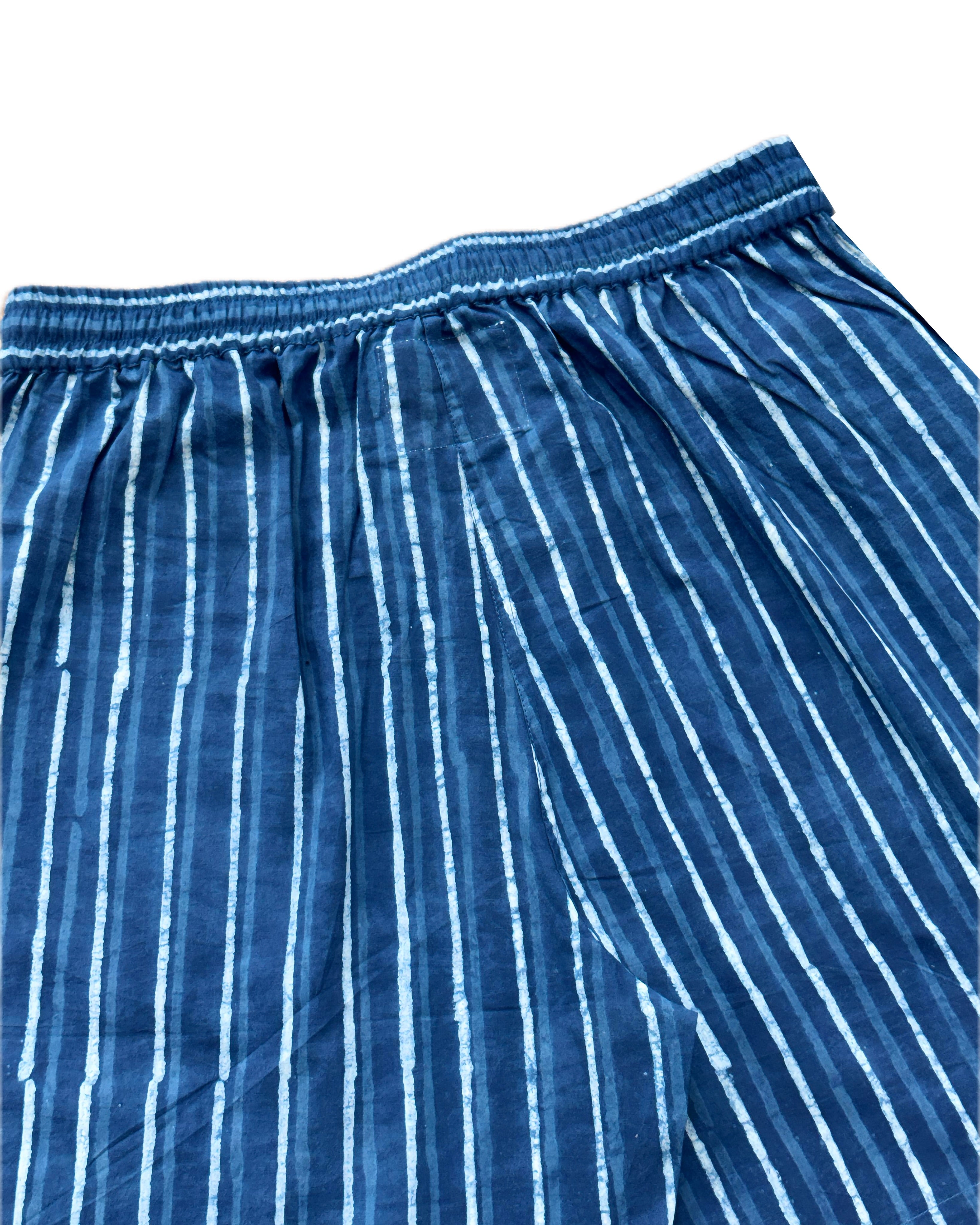 Waist detail of indigo stripes Ajrakh hand block printed natural dyed cotton shorts – Indian handloom artisan menswear by Hindostan Archive