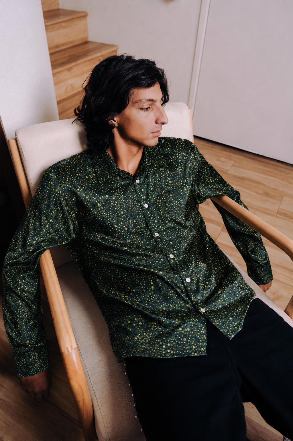 Jugnu silk shirt close-up of Jugnu Ajrakh hand block printed pure silk fabric natural dyed – artisan menswear Indian handloom clothing by Hindostan Archive
