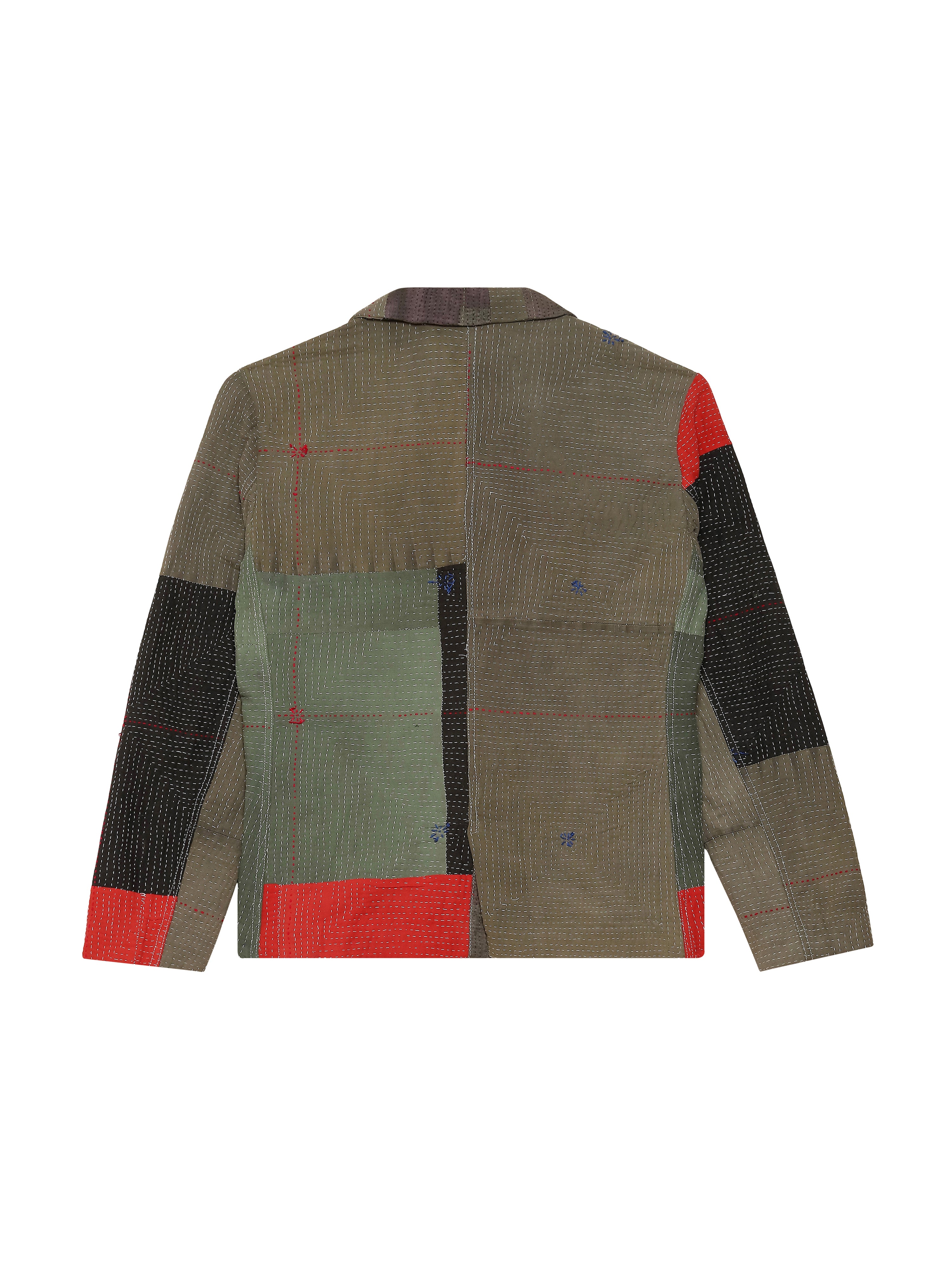 Kantha patchwork blazer back view – hand-stitched Kantha jacket with multicolour patchwork panels – artisan menswear Indian handloom clothing by Hindostan Archive
