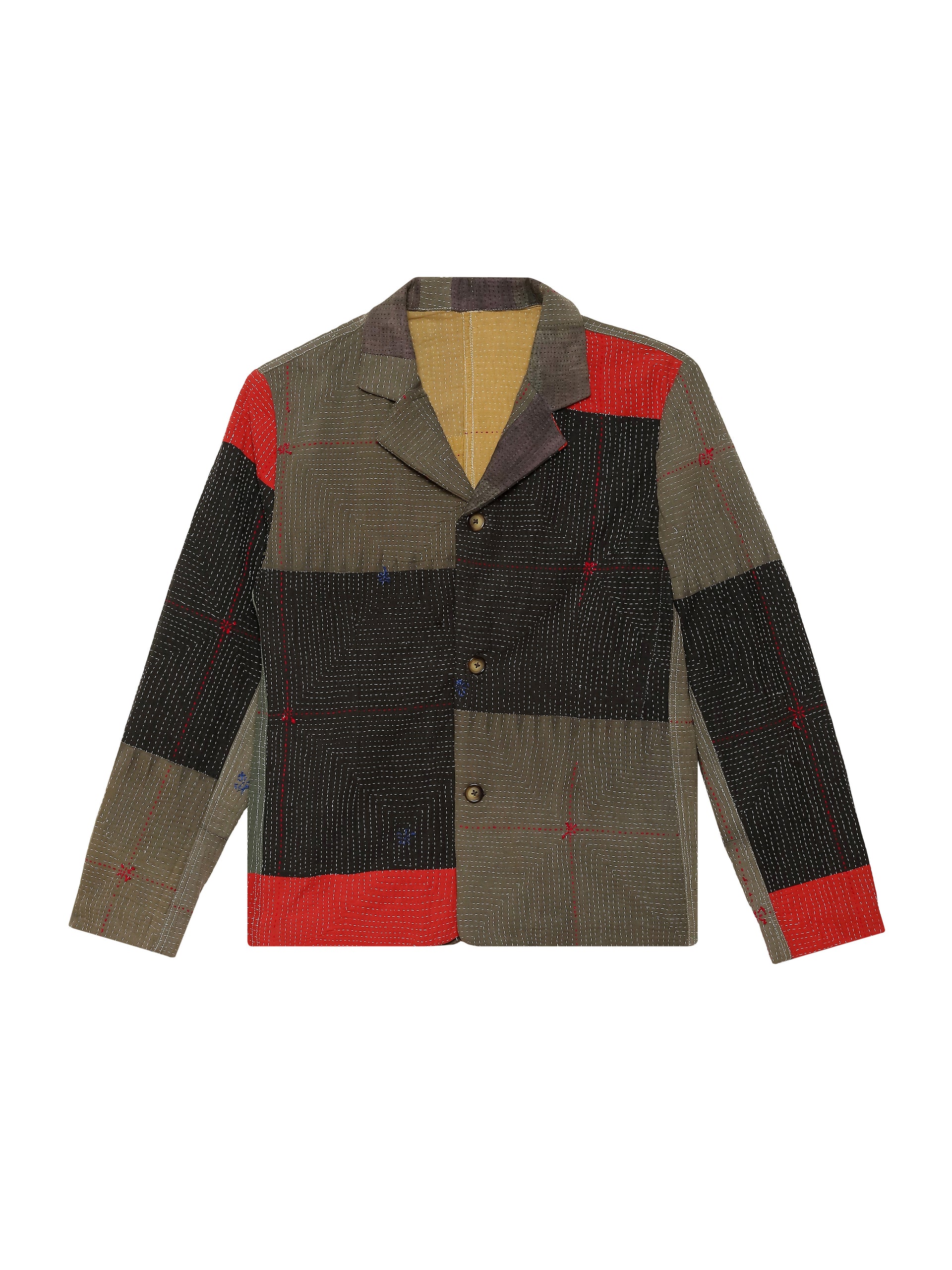 Kantha patchwork blazer front view – multicolour hand-stitched Kantha jacket with patchwork panels – artisan menswear Indian handloom clothing by Hindostan Archive