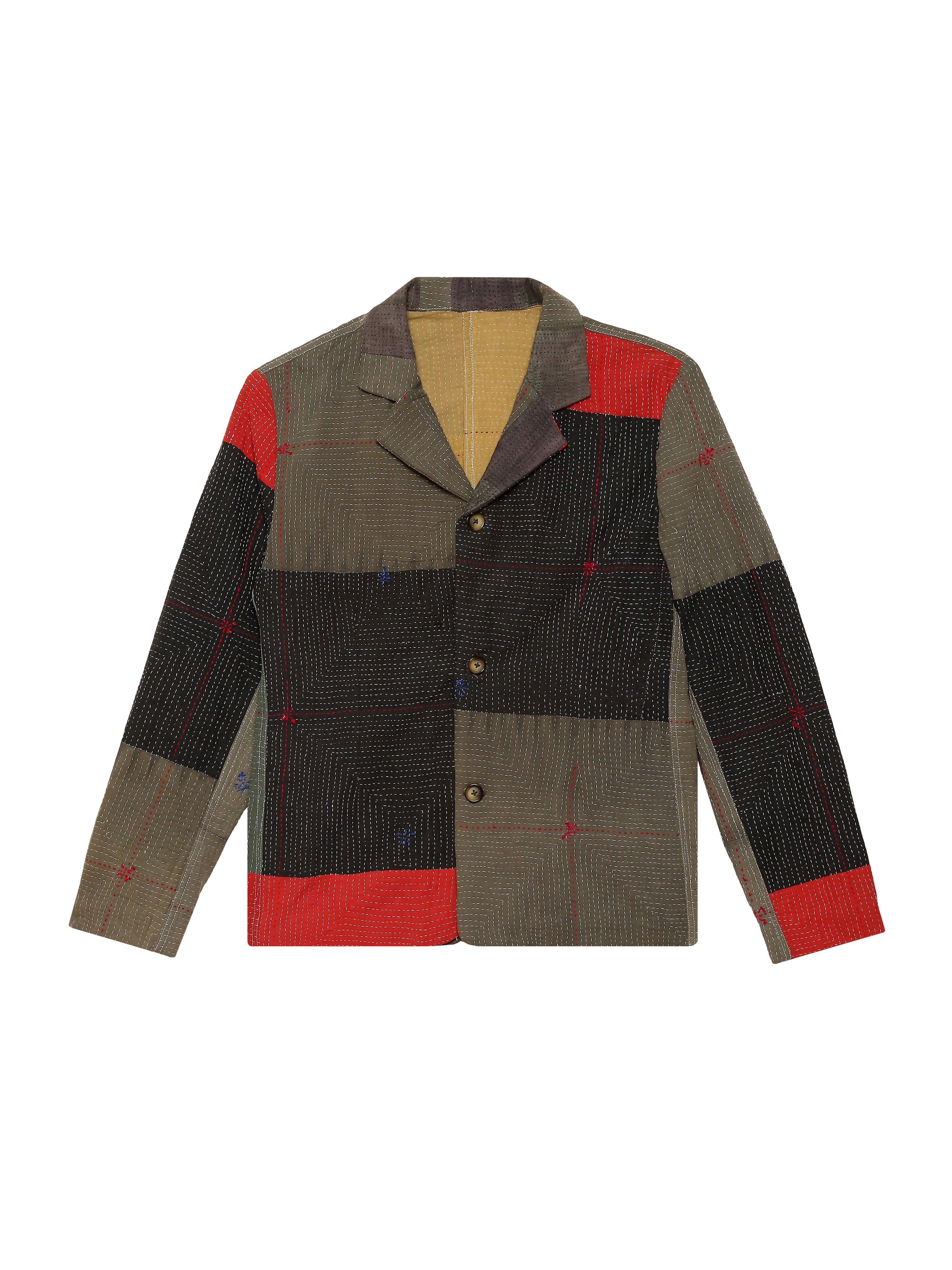 Kantha patchwork blazer front view – multicolour hand-stitched Kantha jacket with patchwork panels – artisan menswear Indian handloom clothing by Hindostan Archive