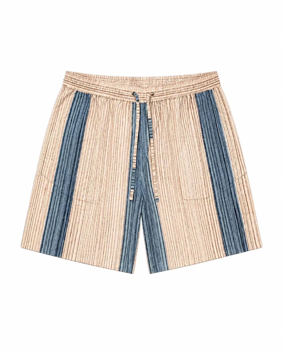 LAKIR hand-painted beige and blue striped cotton shorts front view – natural dyed clothing artisan menswear by Hindostan Archive
