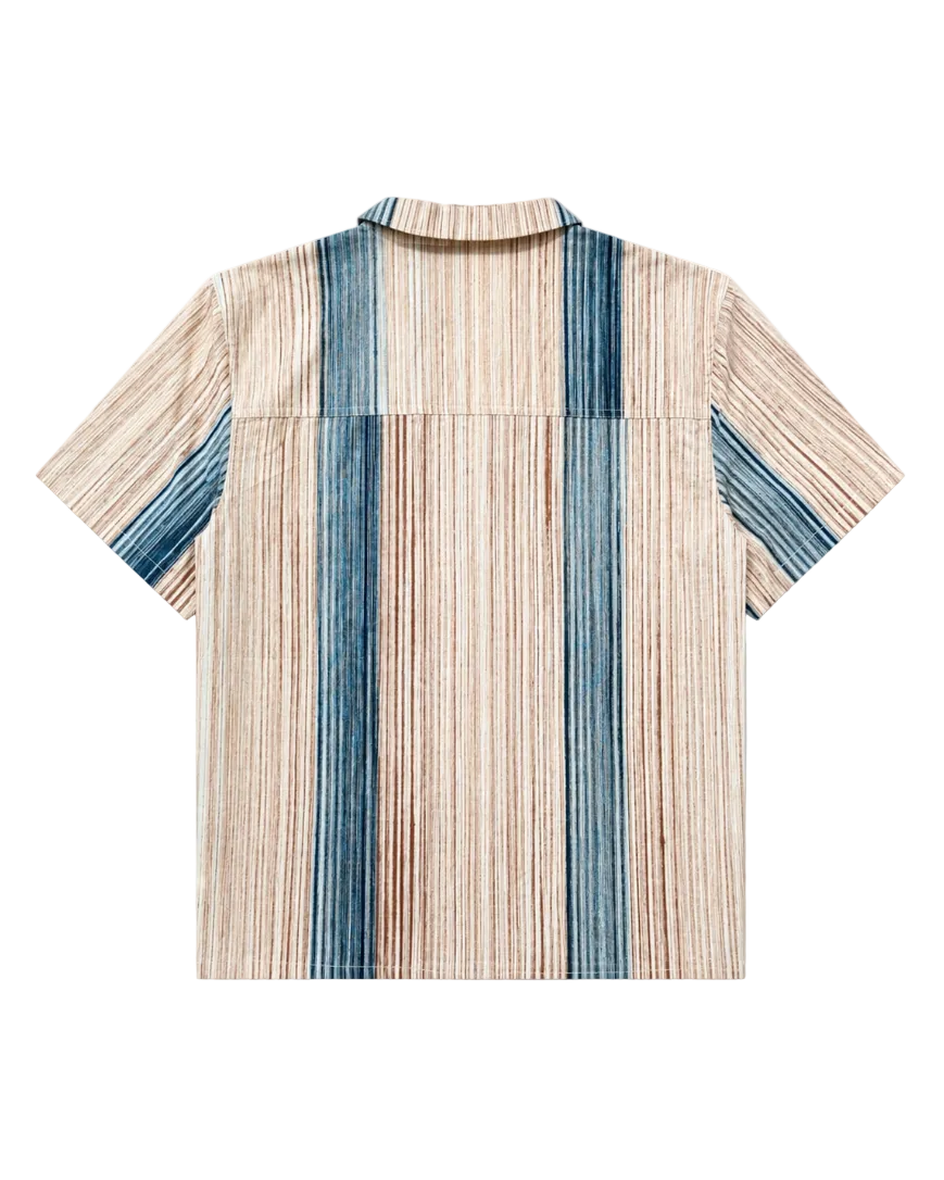 Back view of LAKIR hand-painted beige and blue striped cotton camp shirt – Hindostan Archive