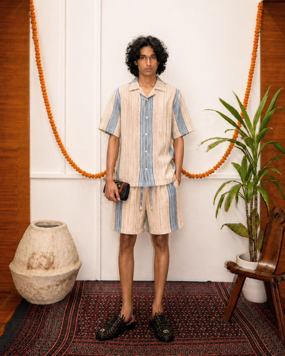 Model wearing LAKIR hand-painted striped cotton shirt and shorts co-ord set – Hindostan Archive artisan menswear