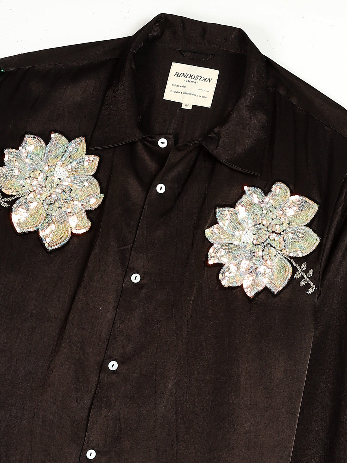 Lotus Mashru silk shirt close-up floral embroidery detail – hand-embroidered Indian handloom artisan menswear by Hindostan Archive
