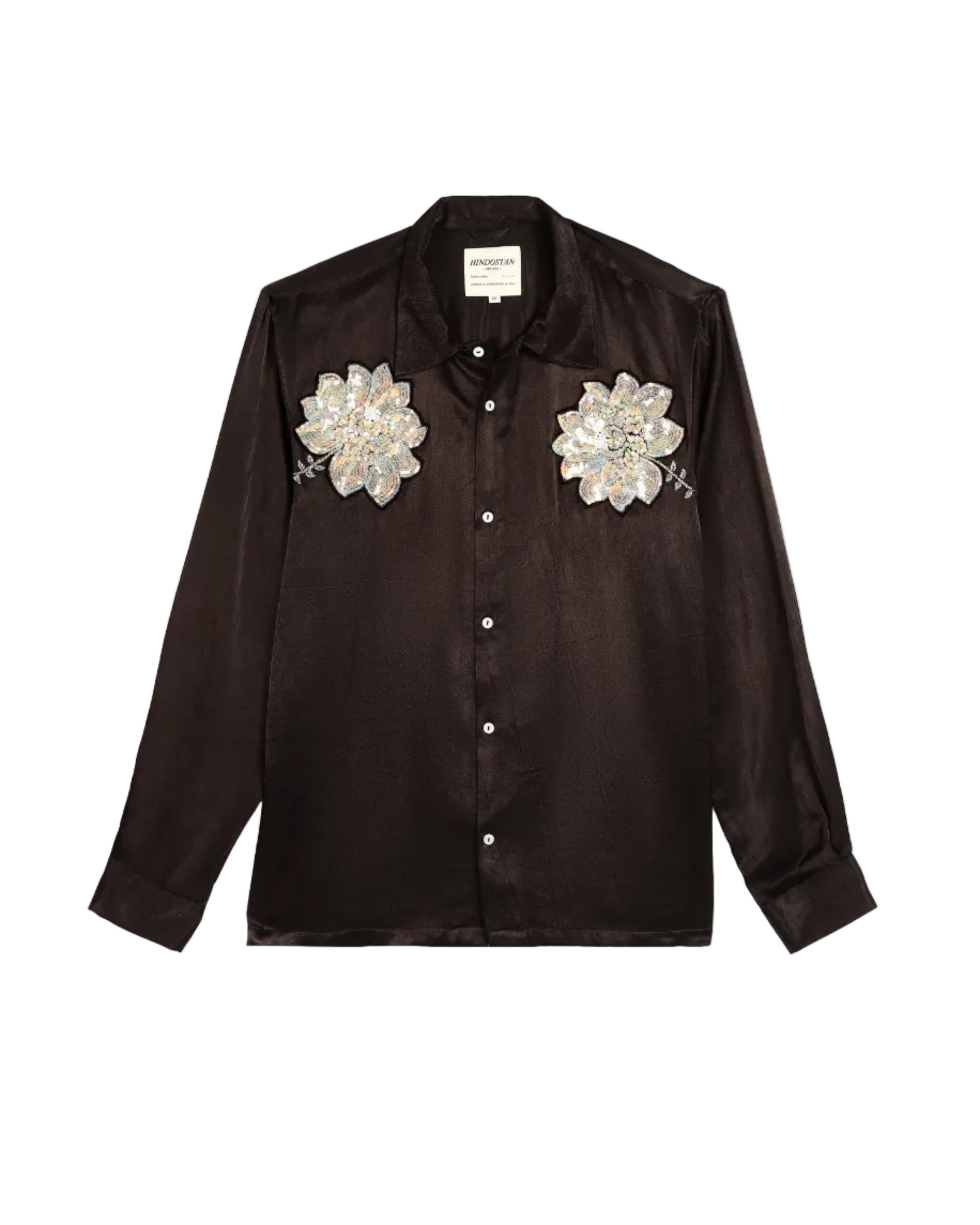 Lotus Mashru silk shirt front view with floral embroidery – handwoven natural dyed artisan menswear by Hindostan Archive