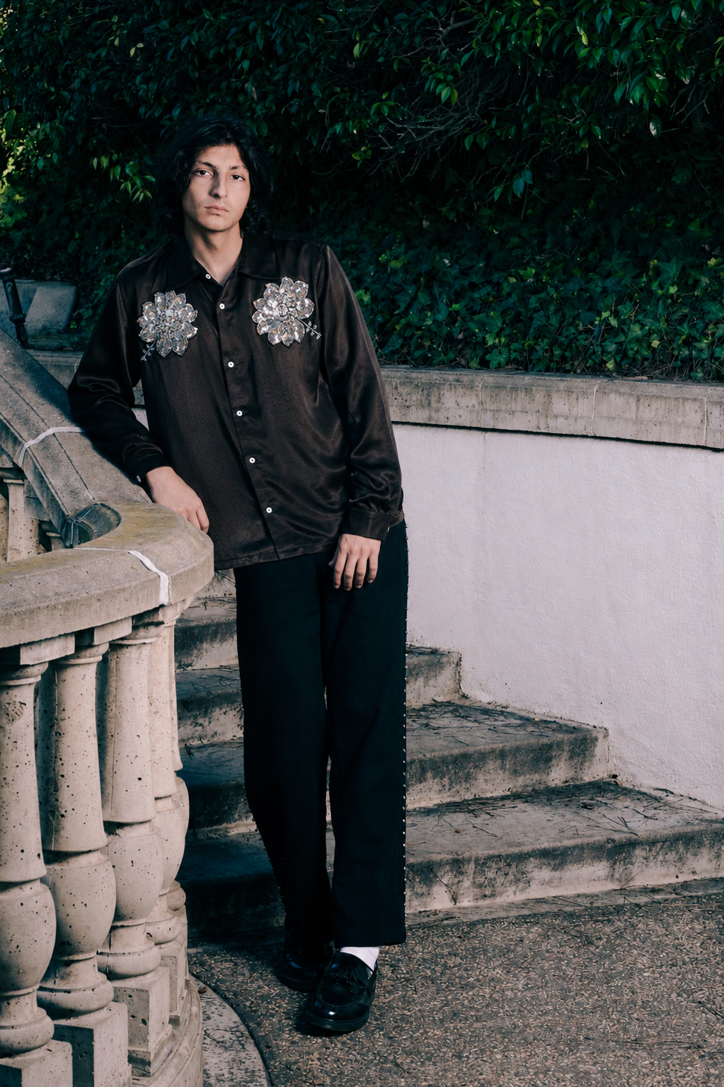 Model wearing Lotus Mashru silk shirt with embroidery full body lifestyle shot – Indian handloom artisan menswear by Hindostan Archive